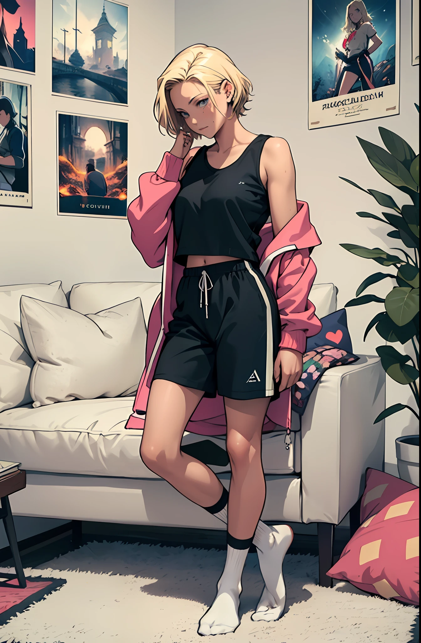 best quality, 1woman, solo, hot, adult,android 18, blonde hair, blue eyes, short hair, piercing eyes, perfect body, 25 years old, sexy, alluring, sitting, sofa, playful, sofa, living room, cozy, cheerful, posters, pillows, blankets, lava lamp, desk, chair, cozy atmosphere, bright colors, soft pastels, flowers, plants, books, novels, plushies, figurines, posters, pictures, posters, wall scrolls, stickers, decorations, bed, blankets, pillows, warm blankets, comfortable clothes, casual attire, leisure wear, sweatshirt, sweatpants, shorts, t-shirt, tank top, socks, curvy legs