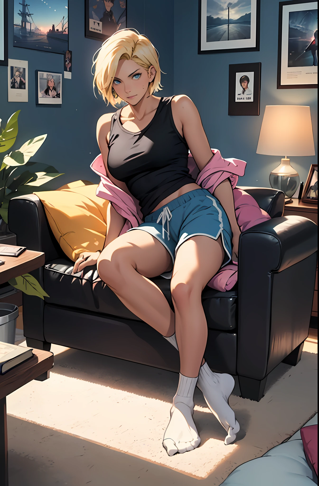 best quality, 1woman, solo, hot, adult,android 18, blonde hair, blue eyes, short hair, piercing eyes, perfect body, 25 years old, sexy, alluring, sitting, sofa, playful, sofa, living room, cozy, cheerful, posters, pillows, blankets, lava lamp, desk, chair, cozy atmosphere, bright colors, soft pastels, flowers, plants, books, novels, plushies, figurines, posters, pictures, posters, wall scrolls, stickers, decorations, bed, blankets, pillows,  warm blankets, comfortable clothes, casual attire, leisure wear, sweatshirt, sweatpants, shorts, t-shirt, tank top, socks, curvy legs