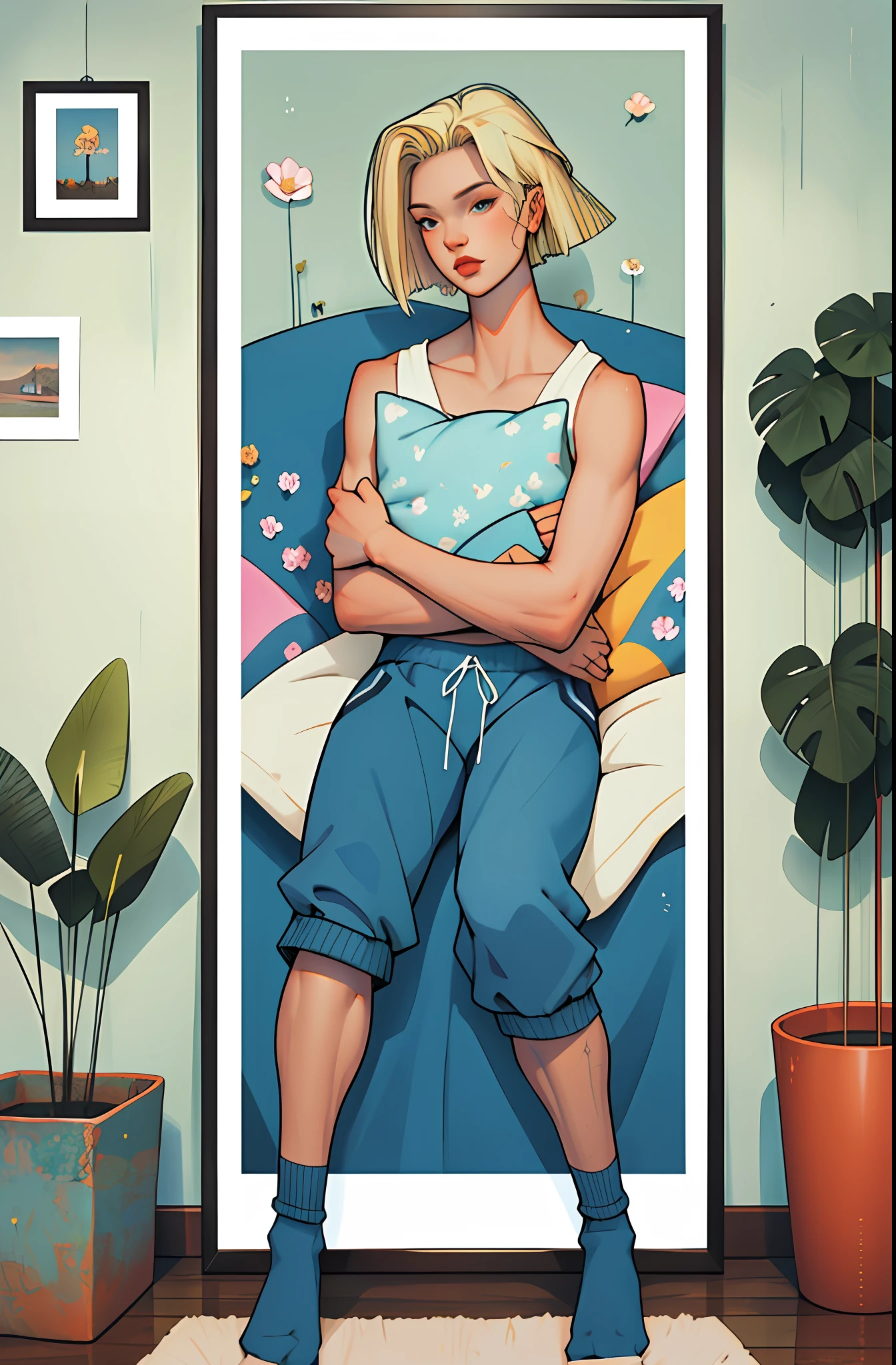 best quality, 1woman, solo, hot, adult,android 18, blonde hair, blue eyes, short hair, piercing eyes, perfect body, 25 years old, sexy, alluring, sitting, sofa, playful, sofa, living room, cozy, cheerful, posters, pillows, blankets, lava lamp, desk, chair, cozy atmosphere, bright colors, soft pastels, flowers, plants, books, novels, plushies, figurines, posters, pictures, posters, wall scrolls, stickers, decorations, bed, blankets, pillows, warm blankets, comfortable clothes, casual attire, leisure wear, sweatshirt, sweatpants, shorts, t-shirt, tank top, socks, curvy legs