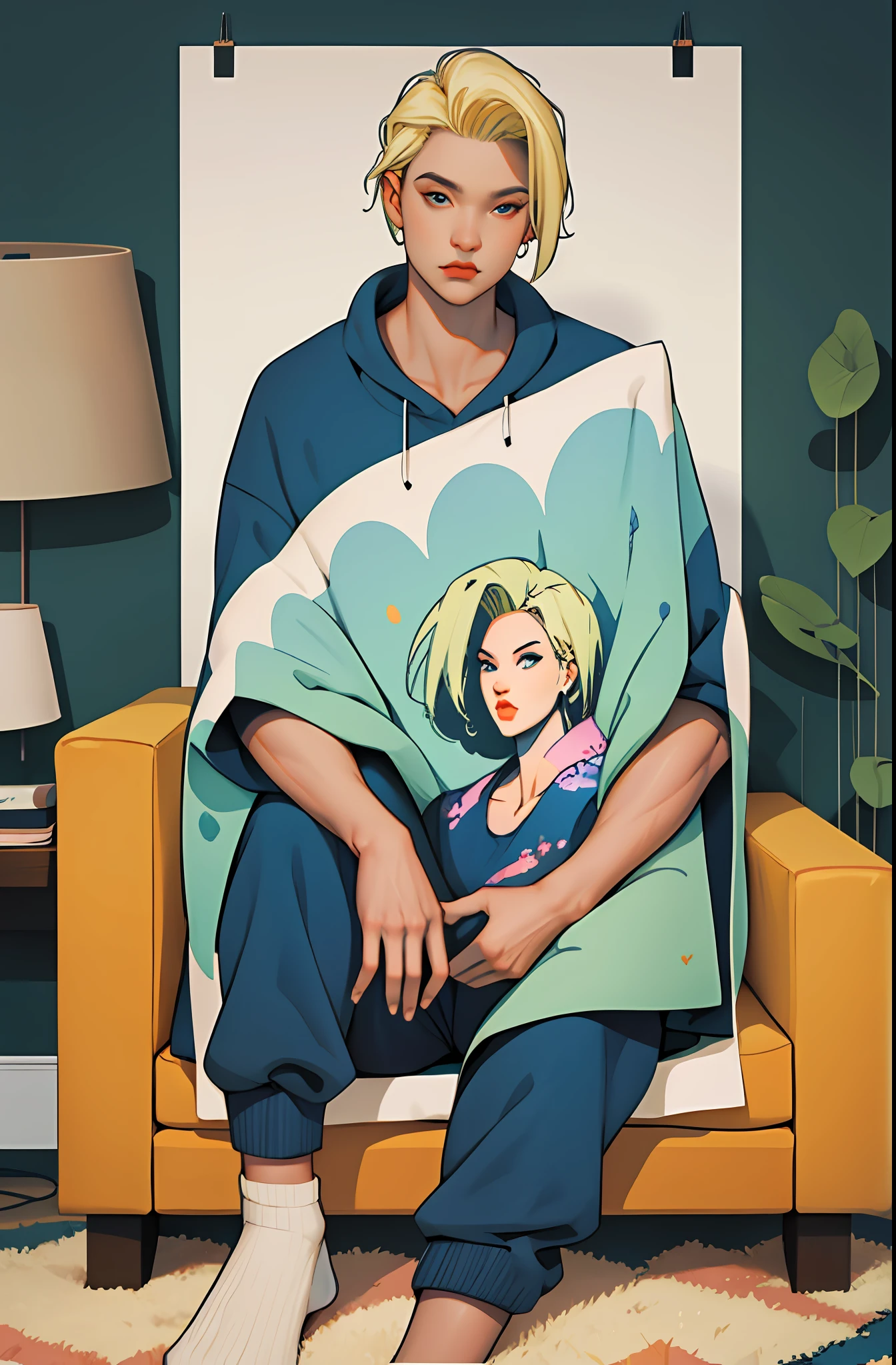 best quality, 1woman, solo, hot, adult,android 18, blonde hair, blue eyes, short hair, piercing eyes, perfect body, 25 years old, sexy, alluring, sitting, sofa, playful, sofa, living room, cozy, cheerful, posters, pillows, blankets, lava lamp, desk, chair, cozy atmosphere, bright colors, soft pastels, flowers, plants, books, novels, plushies, figurines, posters, pictures, posters, wall scrolls, stickers, decorations, bed, blankets, pillows, warm blankets, comfortable clothes, casual attire, leisure wear, sweatshirt, sweatpants, shorts, t-shirt, tank top, socks, curvy legs