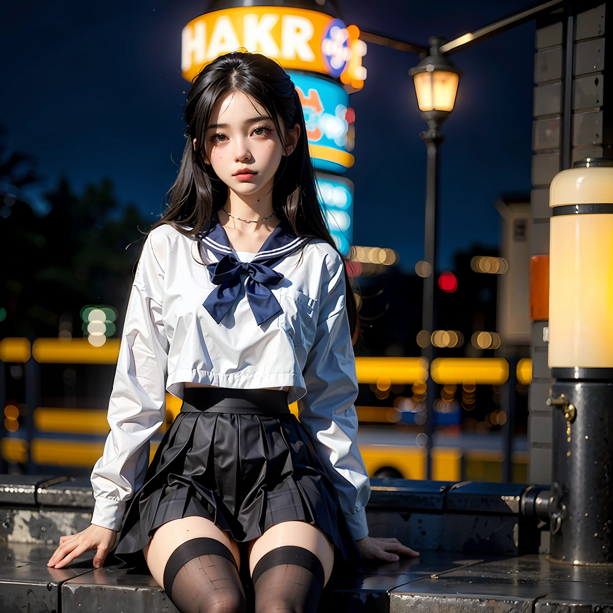 1girl, black hair, black legwear, blue sailor collar, blurry, blurry background, blurry foreground, bokeh, building, chain-link fence, city, city lights, cosplay photo, depth of field, long hair, long sleeves, looking at viewer, motion blur, outdoors, sailor collar, school uniform, serafuku, sitting, skirt, solo, water ,