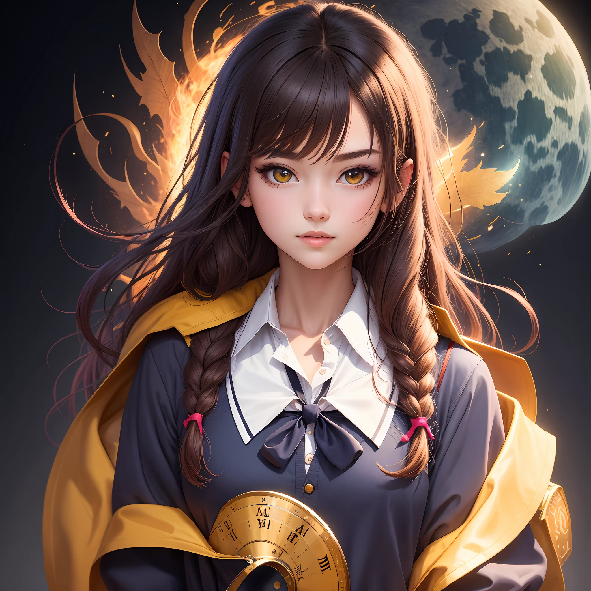 An ultra-detailed half-body illustration of a schoolgirl character with Virgo zodiac inspired features. The character should be set against a black background, and all details should revolve around Virgo zodiac themes.