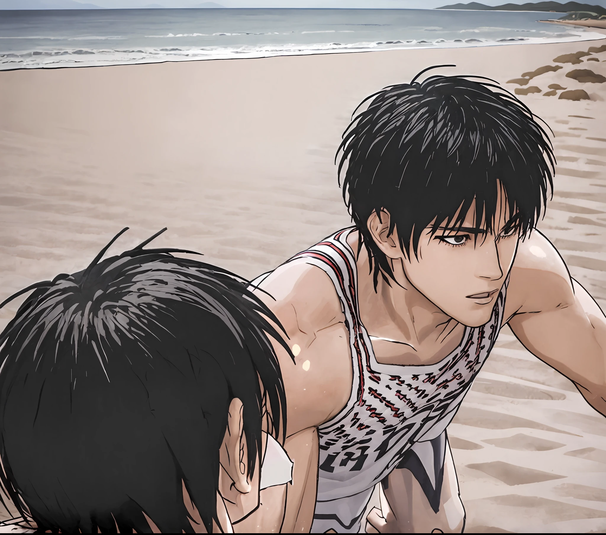 mastepiece,best quality,1boy,beach,solo,short hair, black hair, playing soccer