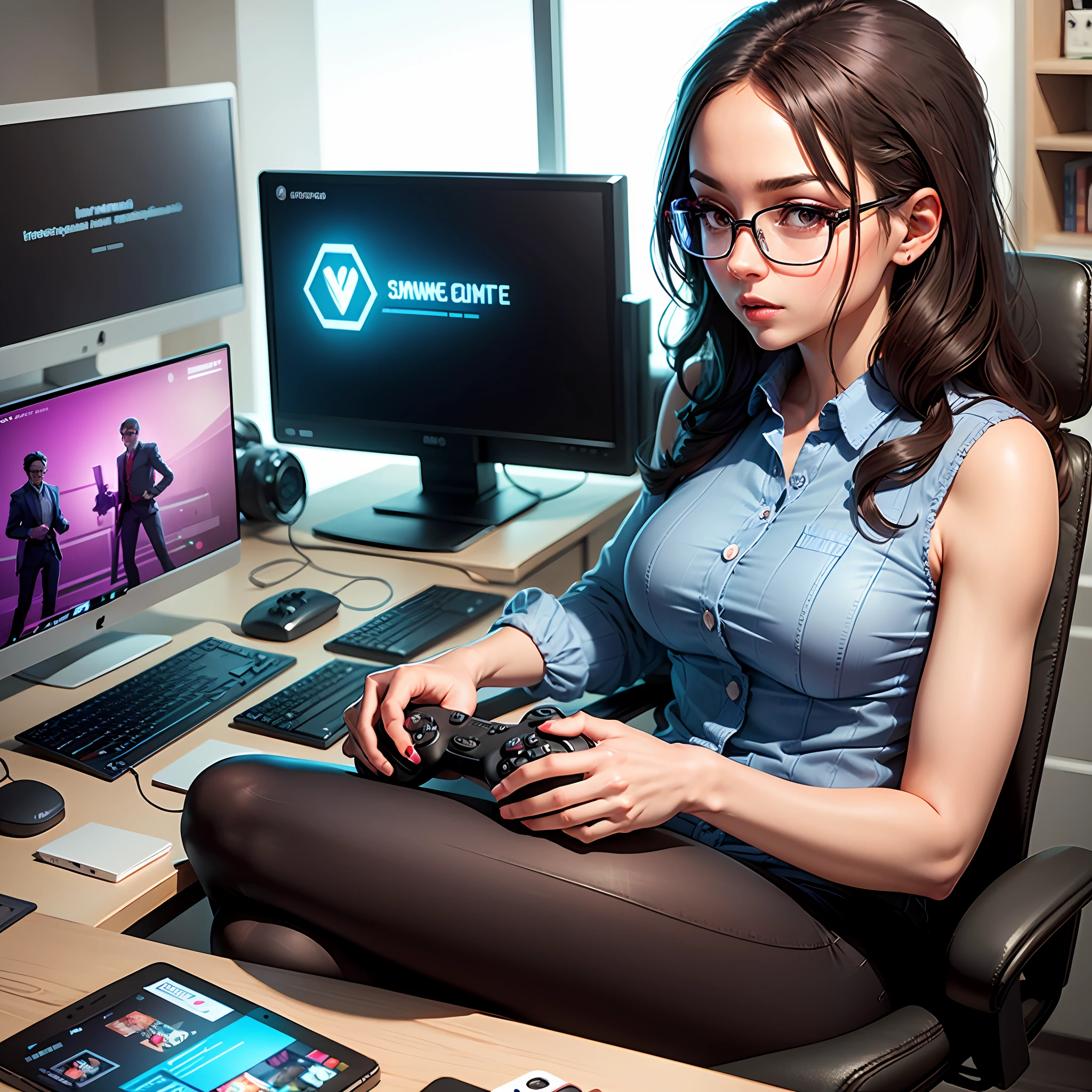 A low Poly low image of a video game controller in the shape of glasses, which suggests their games are engaging and fun. You can use blue colors to convey confidence and professionalism, e um elegante, Readable font for the entrepreneur name.