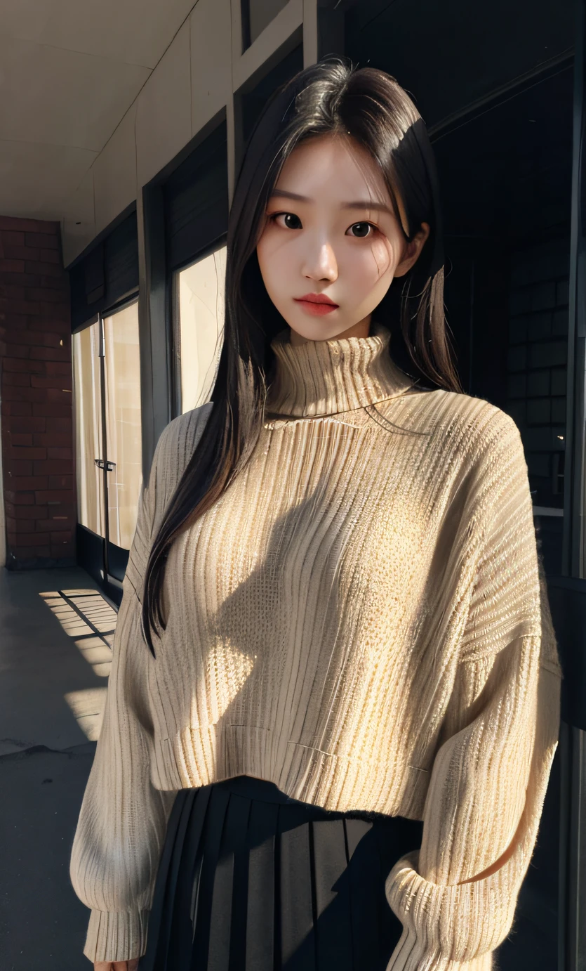 pleated skirt, knitted clothing, beautiful girl model, (Natural skin texture, hyperrealism, Soft light, edgy), 1 Girl, Natural facial expressions, asian girl with long hair, beautifull face