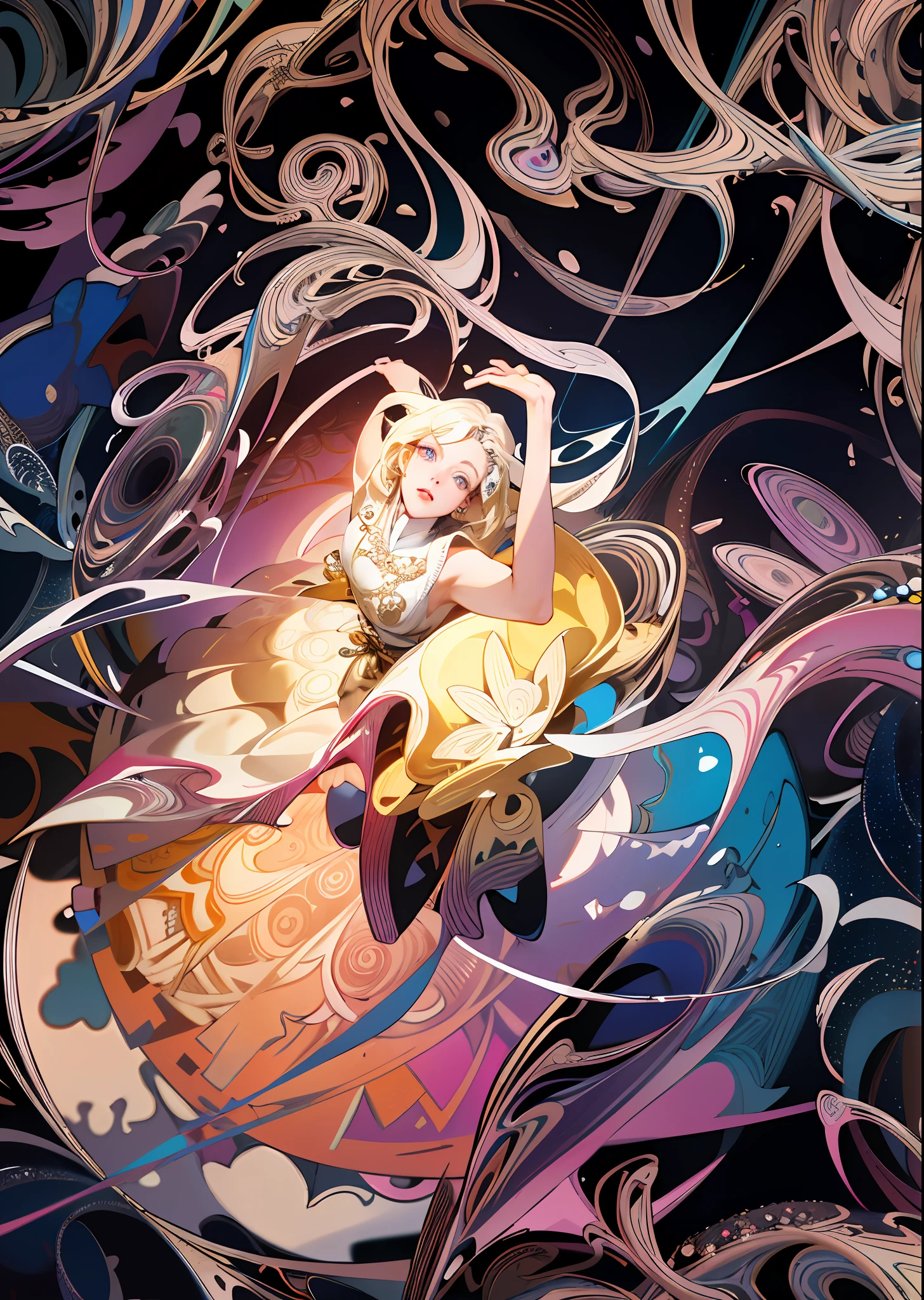 absurdres, highres, ultra detailed, 1girl, solo, extremely detailed eyes, Ultra-precise depiction, Ultra-detailed depiction, (zentangle:1.2), (dynamic pose), (abstract background:1.5), (treditional dress:1.2), short platinum blonde, (shiny skin), many colors, upper body, (from above)