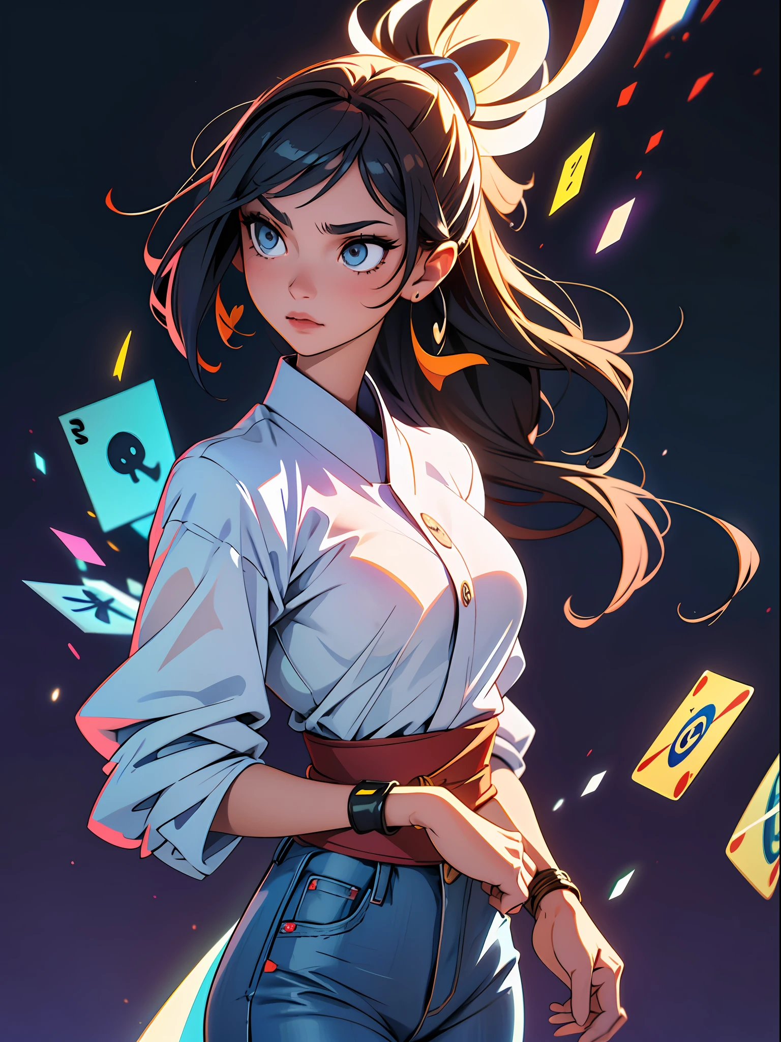 Background Story, Misto-idioma_Texto, letras japonesas em graffit , Ashley Alexiss Linda , longos cabelos negros, Excellent lighting, side-lighting, perfeito ultimate (flat heart: 1.3), (revista_cobrir: 1.4), (multicolorido_Background Story: 1.3), listrado_Background Story, card_Background Story, :: Discs with sharpening, shiny blades in hand :: circular pieces of white metals glued to the ultra detailed arms coming out of shimmering glow, desenho de estrela negra estampada no meio da camisa , corpo escultural perfeita e detalhada, camisa ultra detalhado com desenho abstrato e com estampa de letras japonesas em grafit dos lados da roupa, worn jeans, peito grande, com efeitos imersivos, efeito pairar, fundo estilo grafite tatuagem tribal com flores e cores vibrantes, "HDR Ultra | | |" detalhadas e com efeito de foco, (obra-prima: 1.2, melhor qualidade), (beautiful eyes with huge finely detailed eyelashes: 1.2), , ((sozinho)), (Olhos finamente detalhados e rosto detalhado :1.3), Perfect hands with 5 fingers and ultra detailed