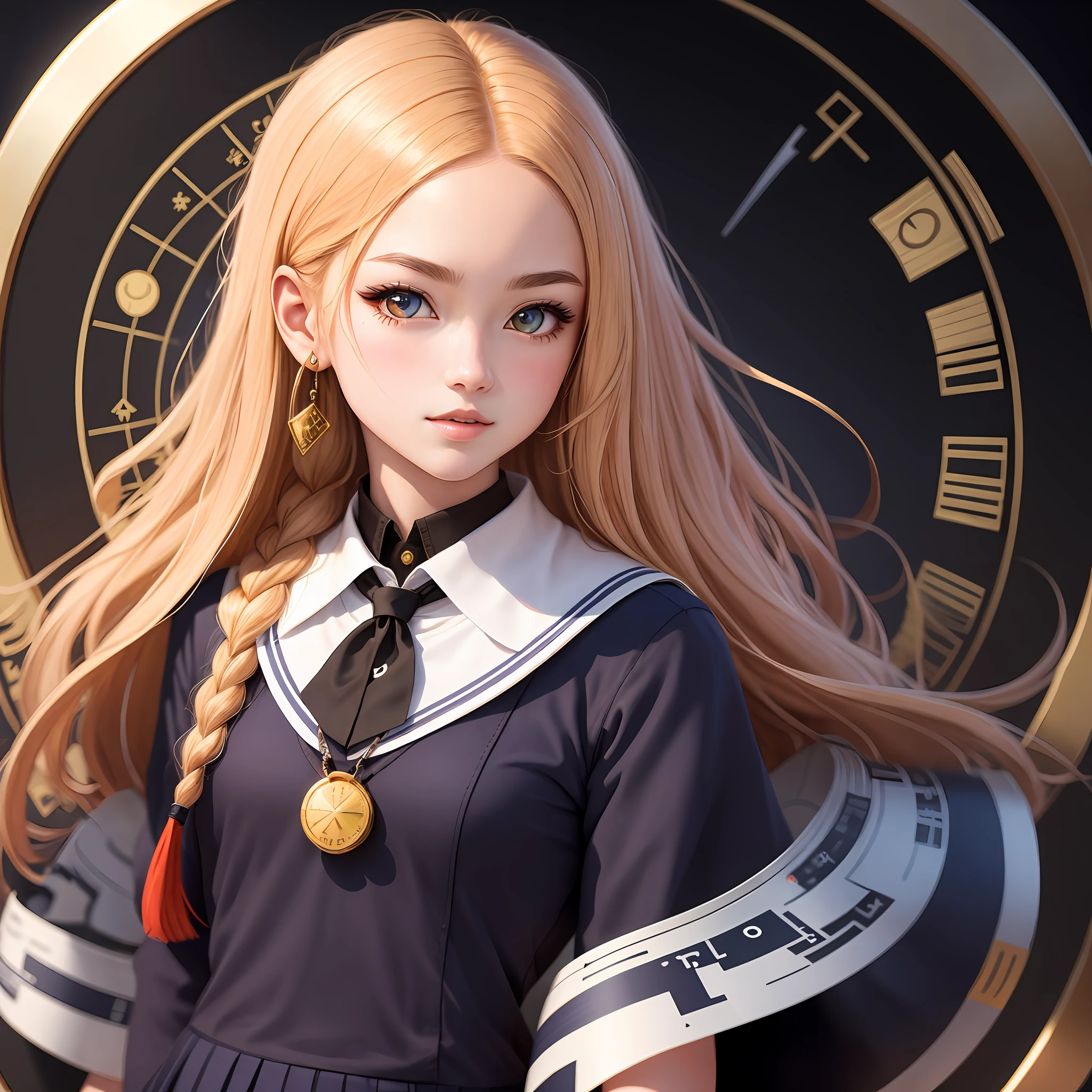 An ultra-detailed half-body illustration of a schoolgirl character with Libra zodiac inspired features. The character should be set against a black background, and all details should revolve around Libra zodiac themes.