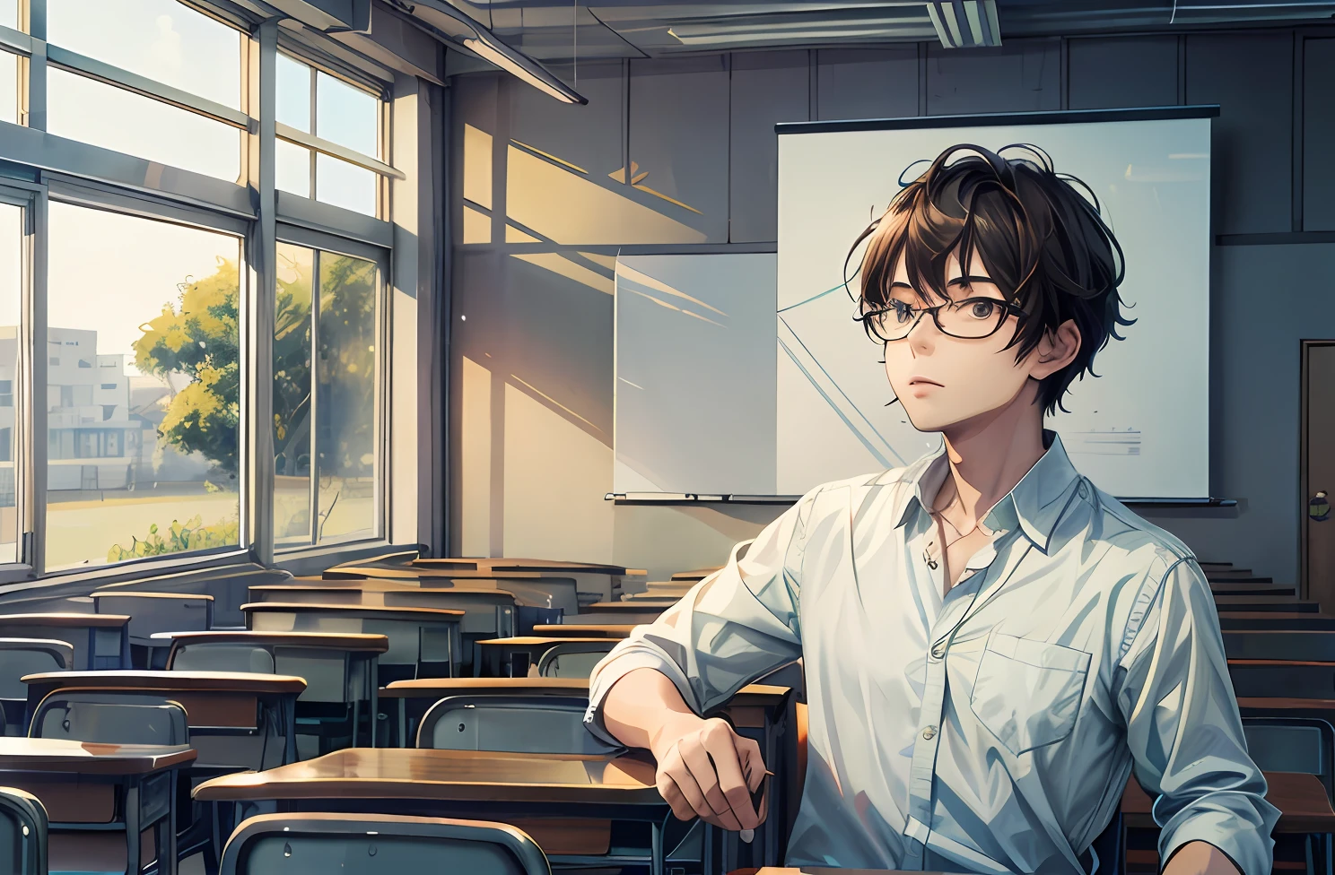 Miyazaki's painting style，of a guy，Fine face，in blouse wearing，I give lectures in class lectures