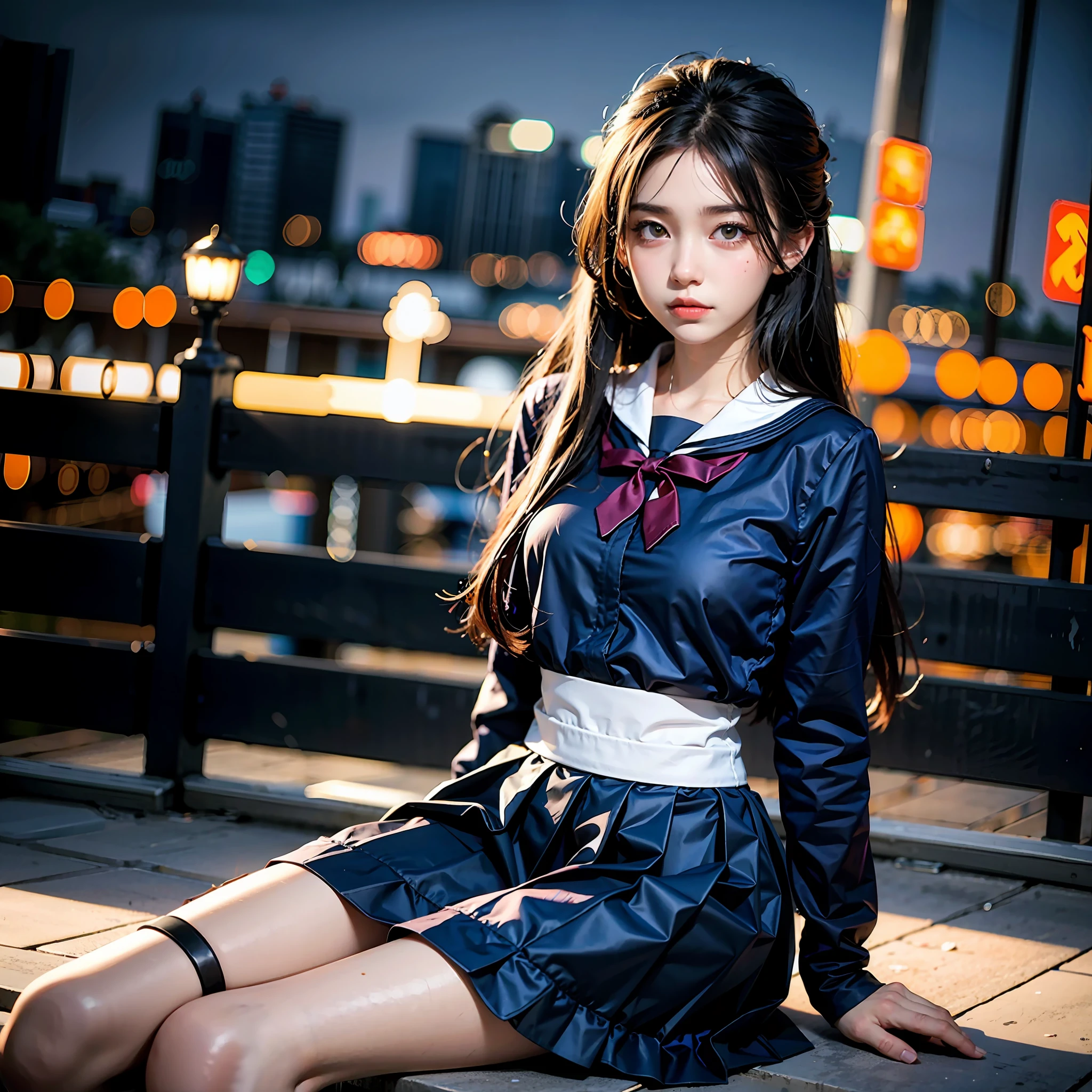 1girl, black hair, black legwear, blue sailor collar, blurry, blurry background, blurry foreground, bokeh, building, chain-link fence, city, city lights, cosplay photo, depth of field, long hair, long sleeves, looking at viewer, motion blur, outdoors, sailor collar, school uniform, serafuku, sitting, skirt, solo, water ,