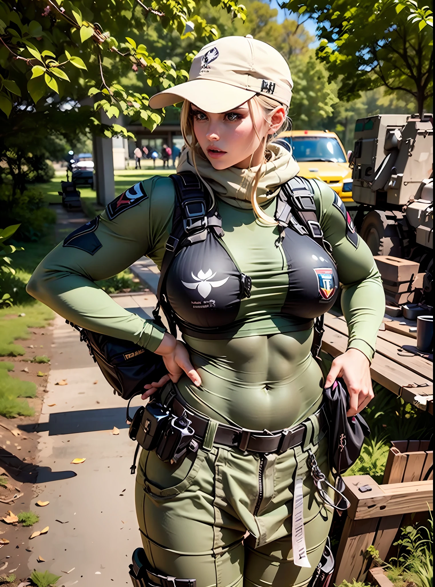 A fit and toned female model with an hourglass figure wearing a trendy crop top that accentuates her large breasts. She is positioned in a strong and powerful military stance, with her head up and her eyes focused.