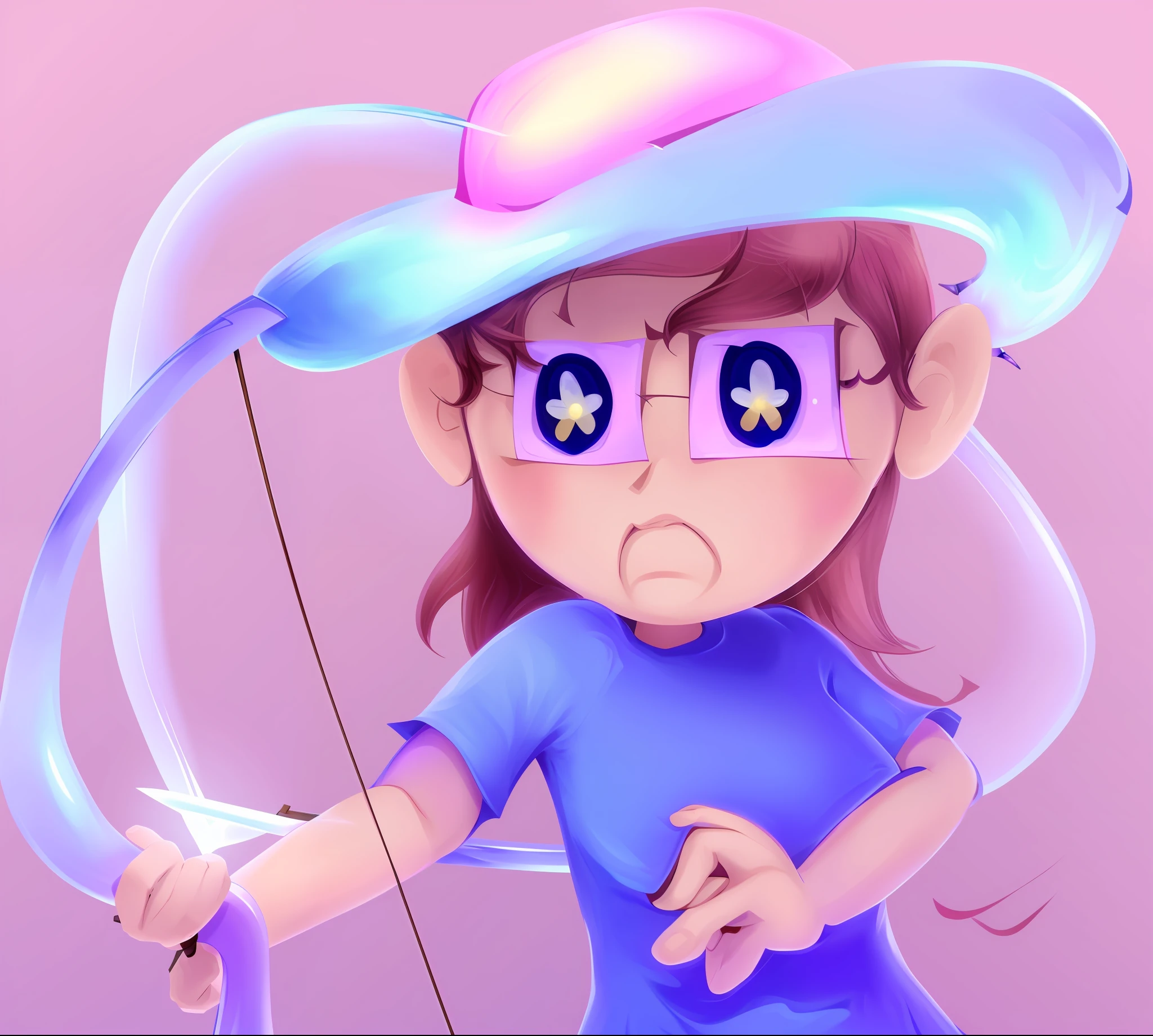 Cartoon drawing of a girl with a purple hat and a bow, Menina anime com um arco e flecha, com estilo splatoon, [ arte digital ]!!, empunhando um arco, Holding a noose, Lowres, mirando um arco e flecha, Fragile girl holding an arrow, 2d illustration, 2d illustration, She is wearing a hat, com arco e flecha