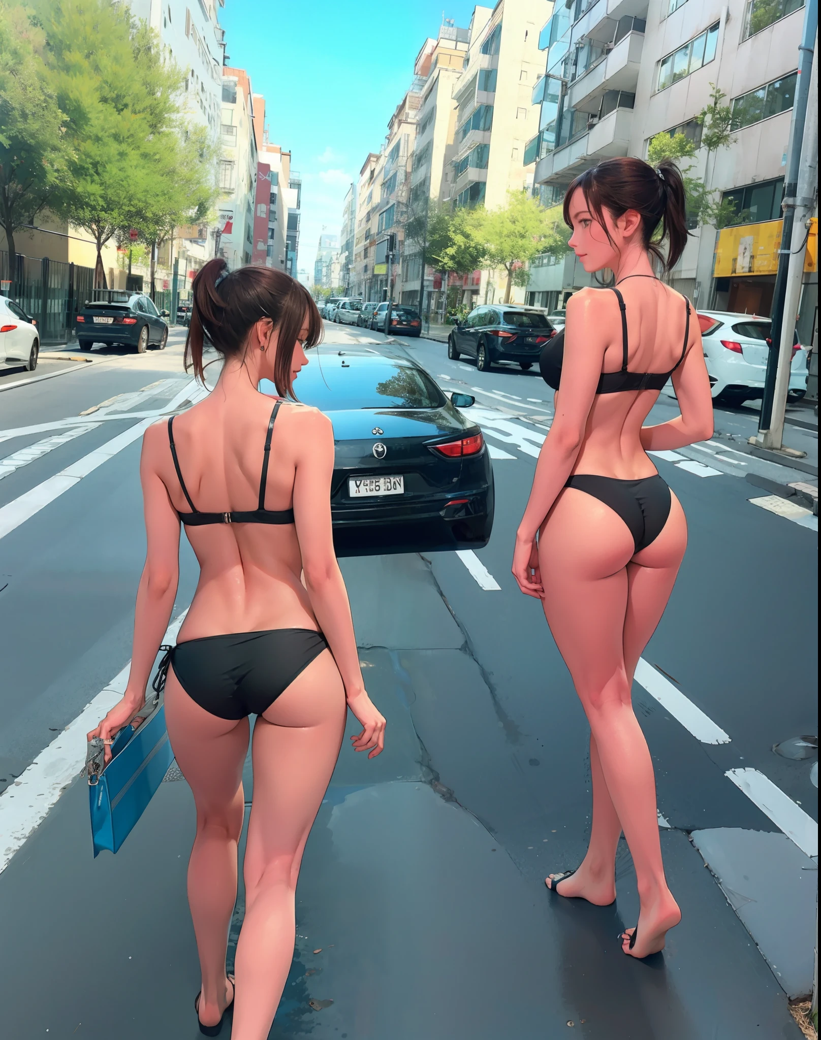 （obra-prima， qualidade premium： 1.2）， sozinha， strong， 1girl （Kazama Asuka）， cabelo curto castanho， olhos castanhos， back， show butt， in clothes， sfw， Have on the street （Shoot 1 from behind：1）， mitts（1：1），black bikini，Milk fat buttocks