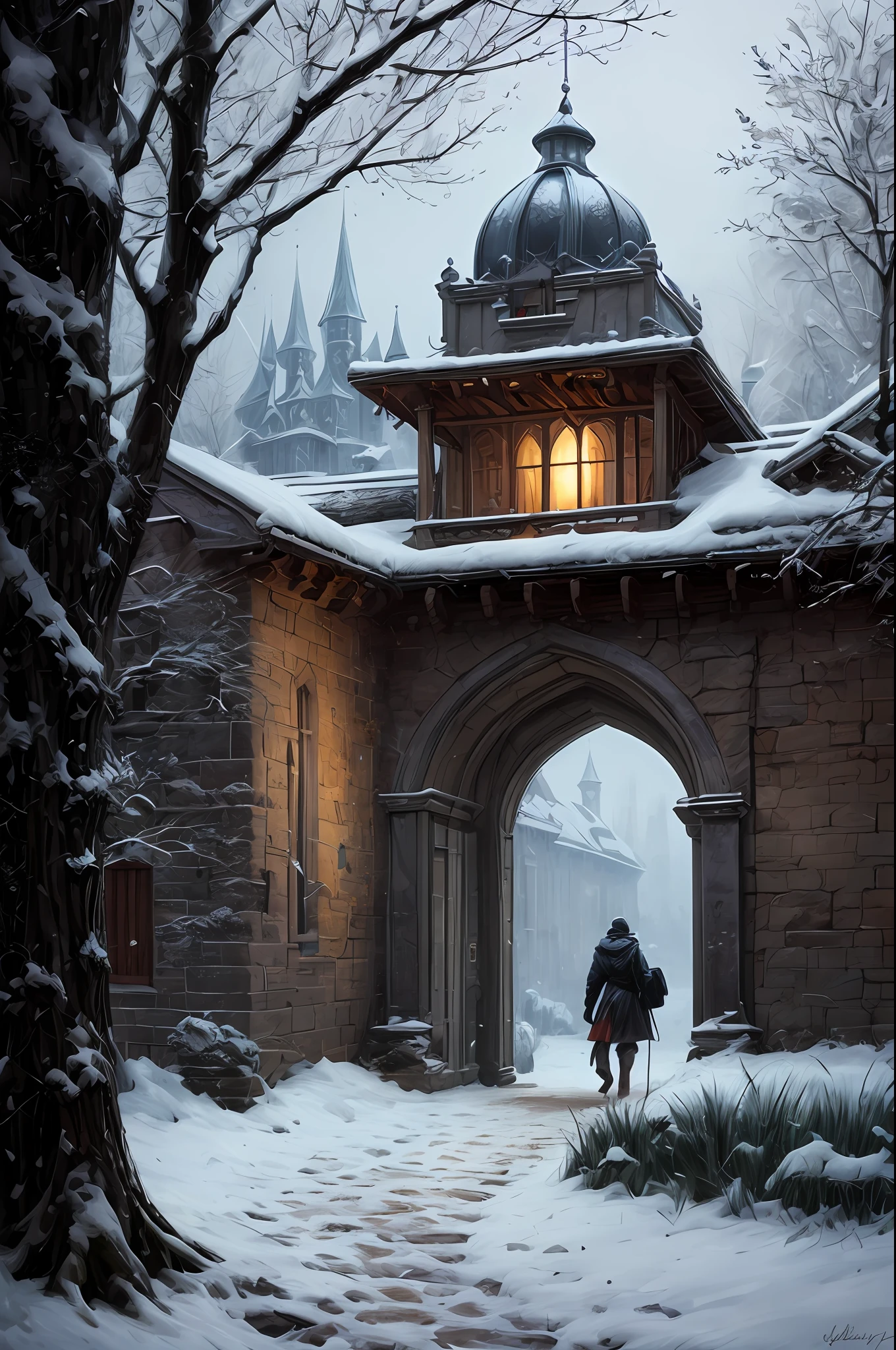 (extremely detailed CG unity 8k wallpaper), full shot photo of the most beautiful artwork of a medieval castle, snow falling, nostalgia, grass hills, professional majestic oil painting by Ed Blinkey, Atey Ghailan, by Jeremy Mann, Greg Manchess, Antonio Moro, trending on ArtStation, trending on CGSociety, Intricate, High Detail, Sharp focus, dramatic, photorealistic painting art by midjourney and greg rutkowski