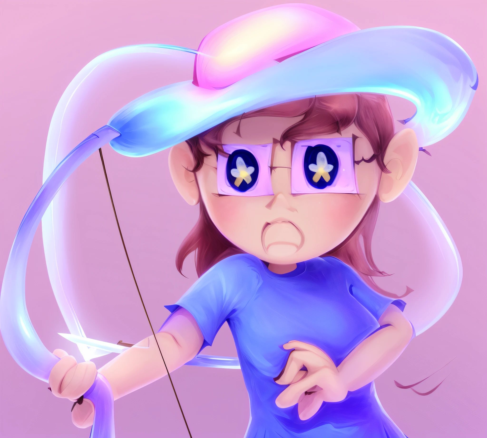 Cartoon drawing of a girl with a purple hat and a bow, Menina anime com um arco e flecha, com estilo splatoon, [ arte digital ]!!, empunhando um arco, Holding a noose, Lowres, mirando um arco e flecha, Fragile girl holding an arrow, 2d illustration, 2d illustration, She is wearing a hat, com arco e flecha