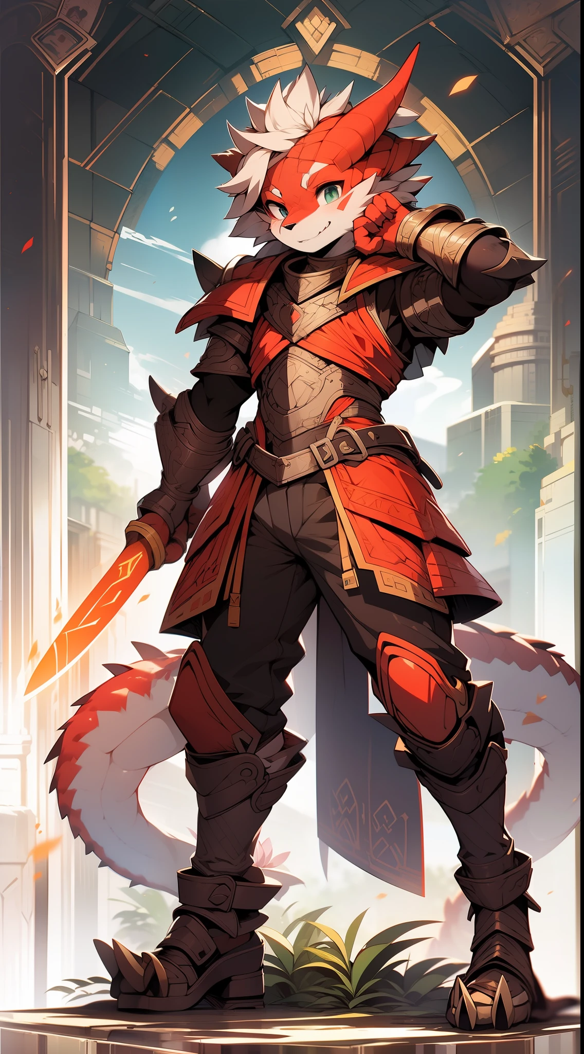 Anime style red dragon with pictures of sword and sword, draconic looking armor,young male anthro dragon, anthro dragon art, Red demon armor, flame conjuring armored,Furry art, full body commission for，adolable，Be red in the face，Shota