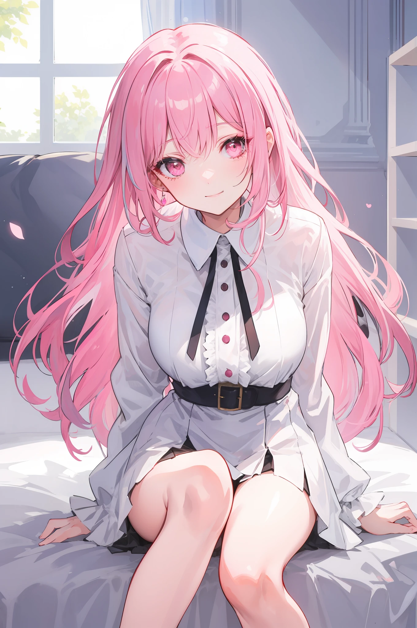 White hair, Pink hair, long whitr hair,a matural female,Pink eyes,ssmile