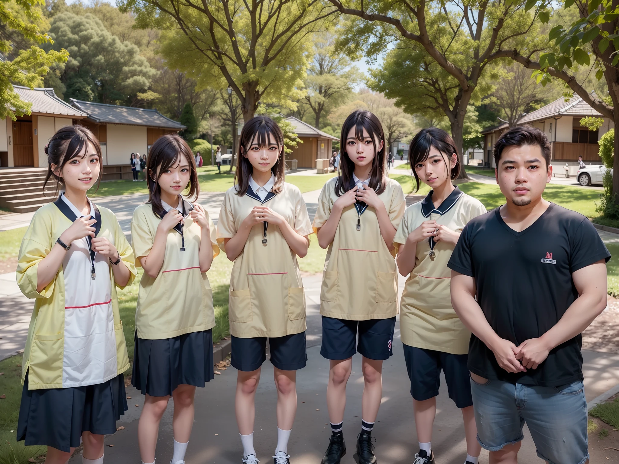 Five young people standing together in the park, wearing a Japanese school uniform, Japanese school uniform, japanese live action movie, Japan High School, seifuku, still from live action movie, sakimichan hdri, japanese girl school uniform, Official artwork, nagatoro, live-action movie scenes, with yellow cloths