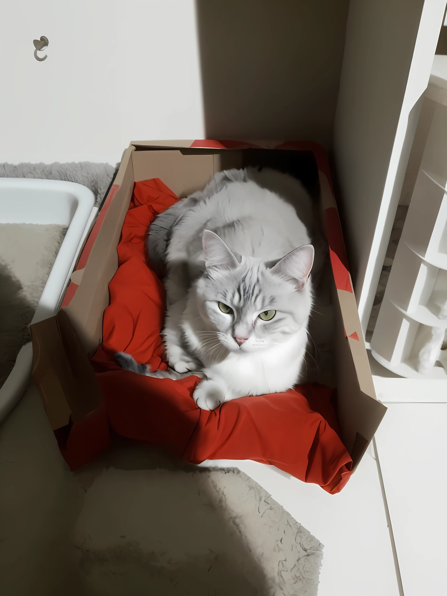 There is a cat that is lying in a box on the floor, there is full bedpan next to him, sentada em sua cama, cat female with a whit and chest, captured with sony a3 camera, she is laying on her back, muito bonito, caixa, em um raio de sol