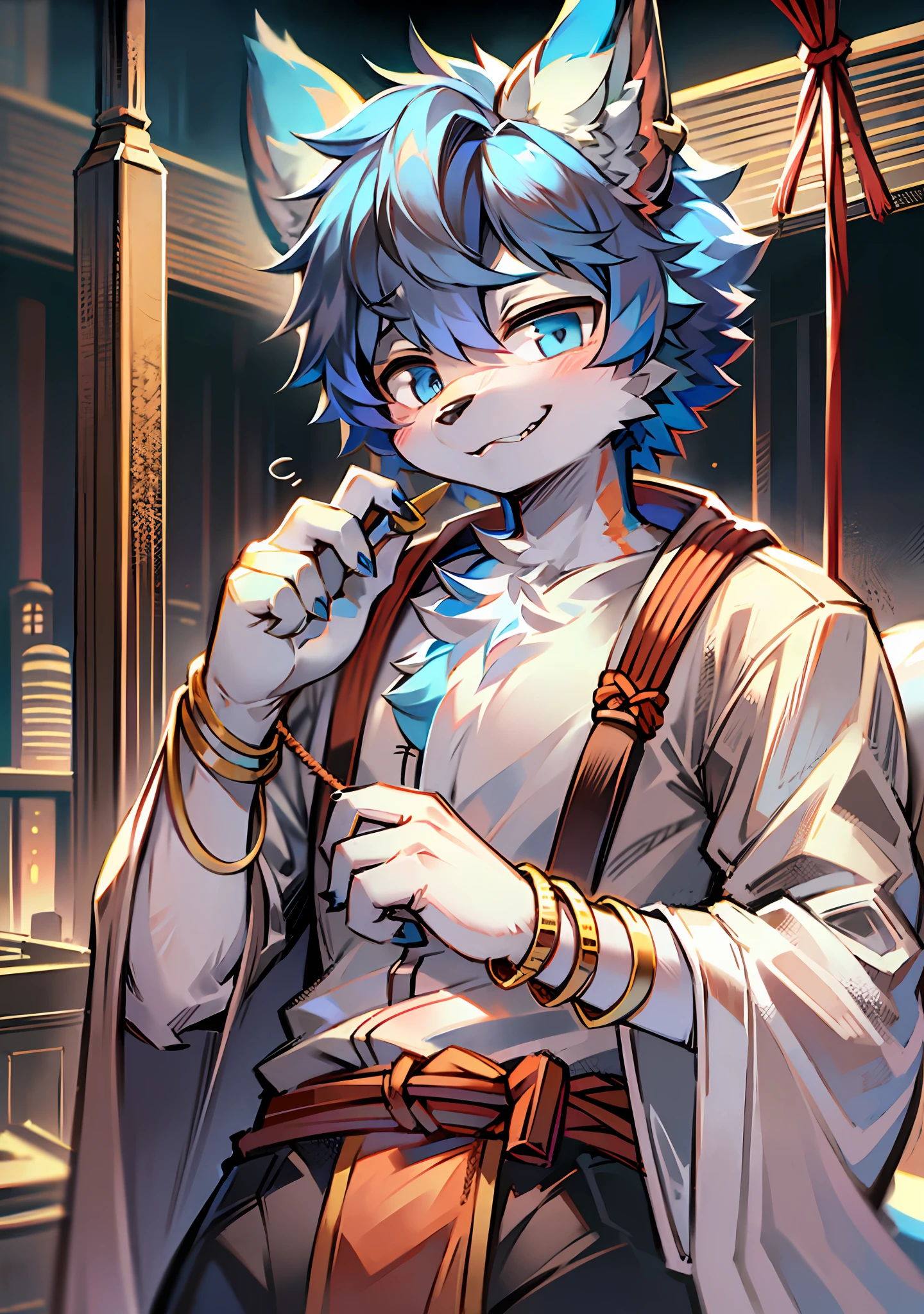 eyes with brightness,Bust photo of the character,Q version,头像框, Character focus,独奏, shaggy, Furry male wolf, Light blue fur for men, Sky blue eyes, Pale blue hair(Curta)Junior style,Little cute, Will sell moe,wearing a hanfu,On the left hand, He wears a bracelet woven with multicolored rope,Wolf ears,Wolf tail