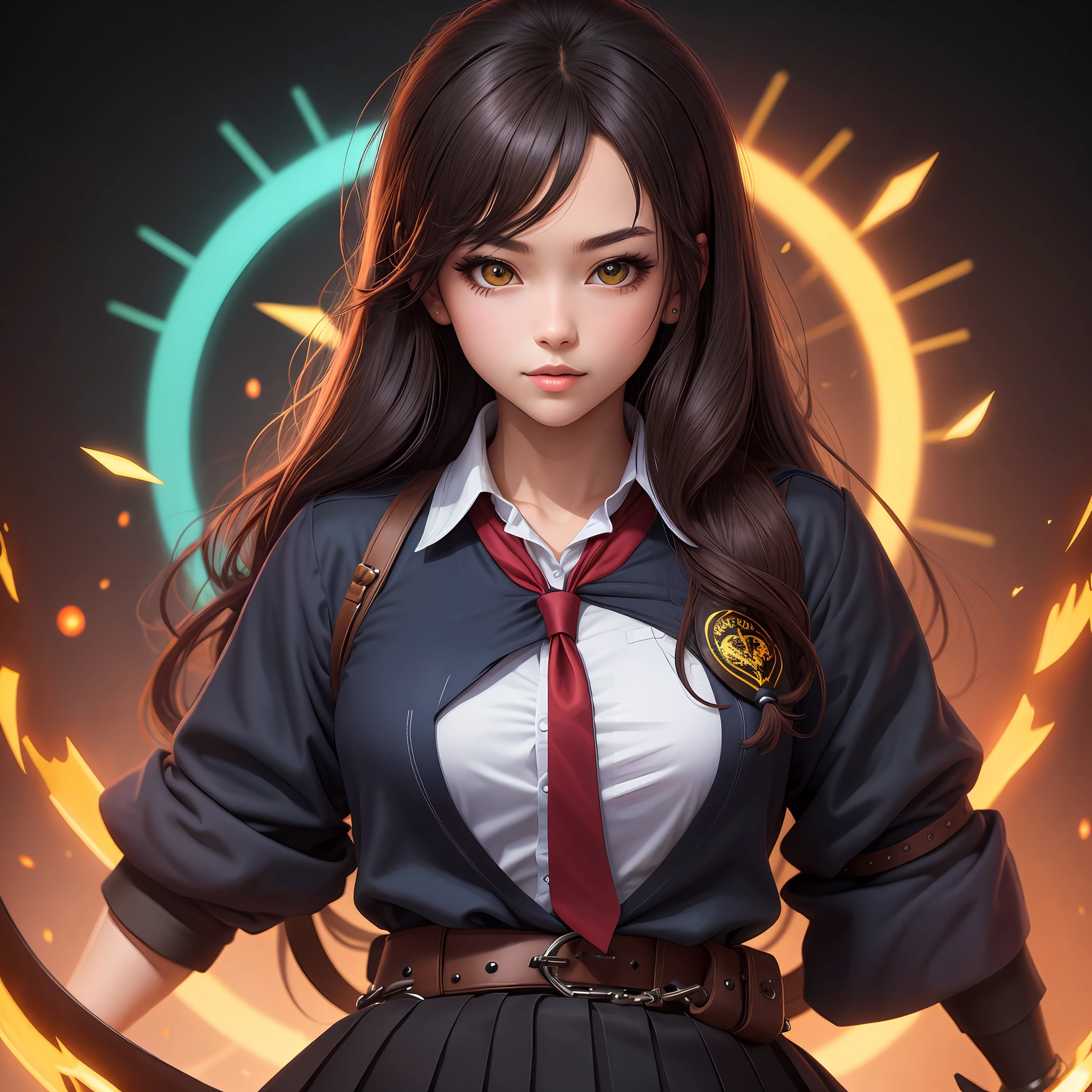 An ultra-detailed half-body illustration of a schoolgirl character with Scorpio zodiac inspired features. The character should be set against a black background, and all details should revolve around Scorpio zodiac themes.