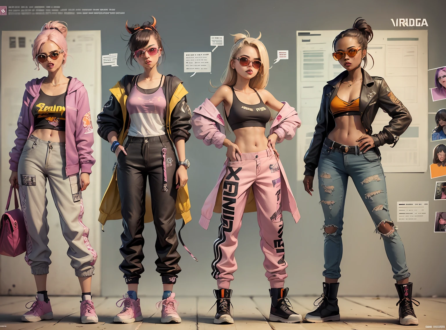 Prompt: FOLHA DE VIRADA DE PERSONAGEM, THREE-VIEWDRAWING, TIRO DE CORPO INTEIRO, DESIGN DE GAMECHARACTER, BYXIAOFEIYUE, GIRL WEARING PINK SUNGLASSES, Barbie, casaco, baggy pants, botas fundo LARANJA,--AR 16:12--ESTILO EXPRESSIVO