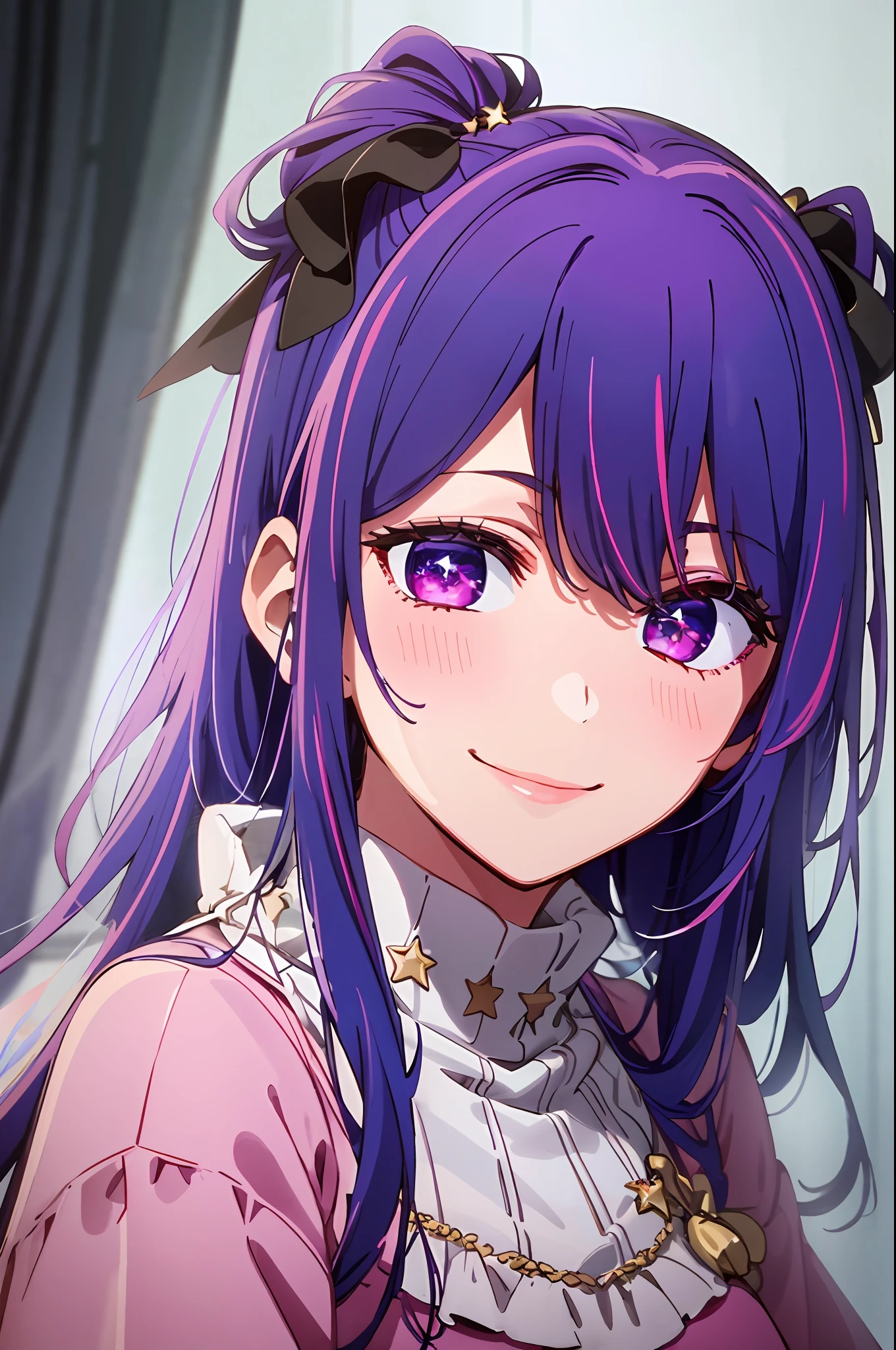 masterpiece、ighly detailed、(1 girl in:1.2)、purple color hair、pink dress、big eye、a closeup、a smile、8K、Star Eye