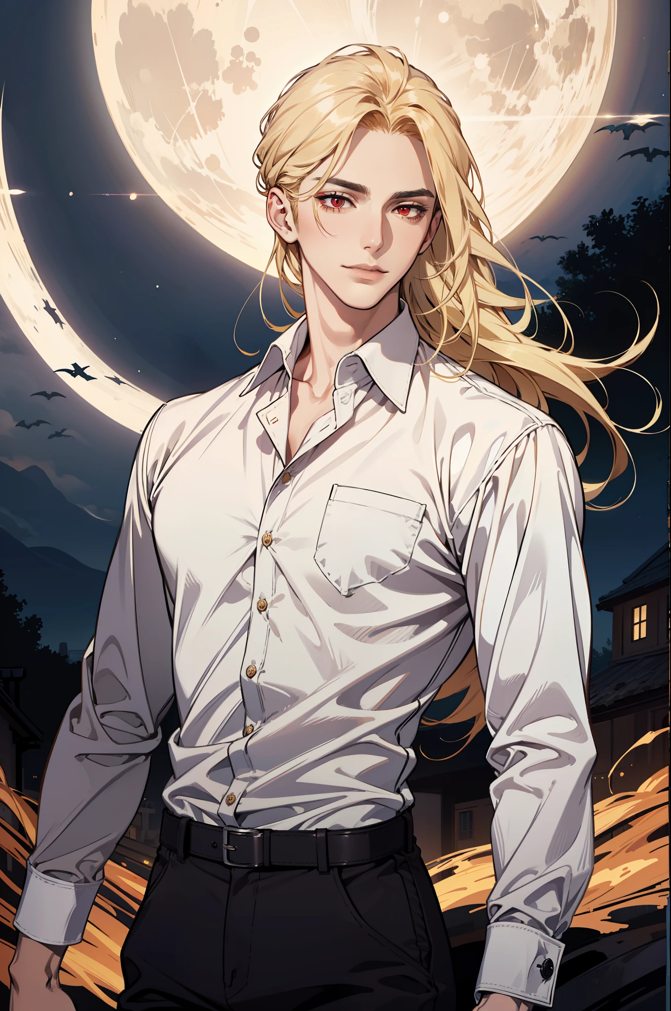 (absurdres, highres, ultra detailed), 1man, 30 years old man, adult man, handsome, tall,, finely detailed eyes and detailed face, leather pants, (((white shirt))), night, smile, dutch angle, ((long hair, blonde hair)), moon, gold details, gothic, vampire, vampire prince, dark, simple clothes, looking at the view, pale skin, red detailed eyes, (masculine), sexy, elegant, long bangs, detailed hands, (((red eyes)))