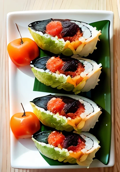 There are sushi rolls on the plate,There is a slice of apple, sushi, eating sushi, high quality food photography, California Volume, delicacy, japanese fusion cuisine, inspired by Maki Haku, Japanese, shutter inventory, author:Julia Pishtar, vibrant and stylized, hd food photography, Amazing food photography, professional food photography, closeup at the food, Close-up food photography realistic---