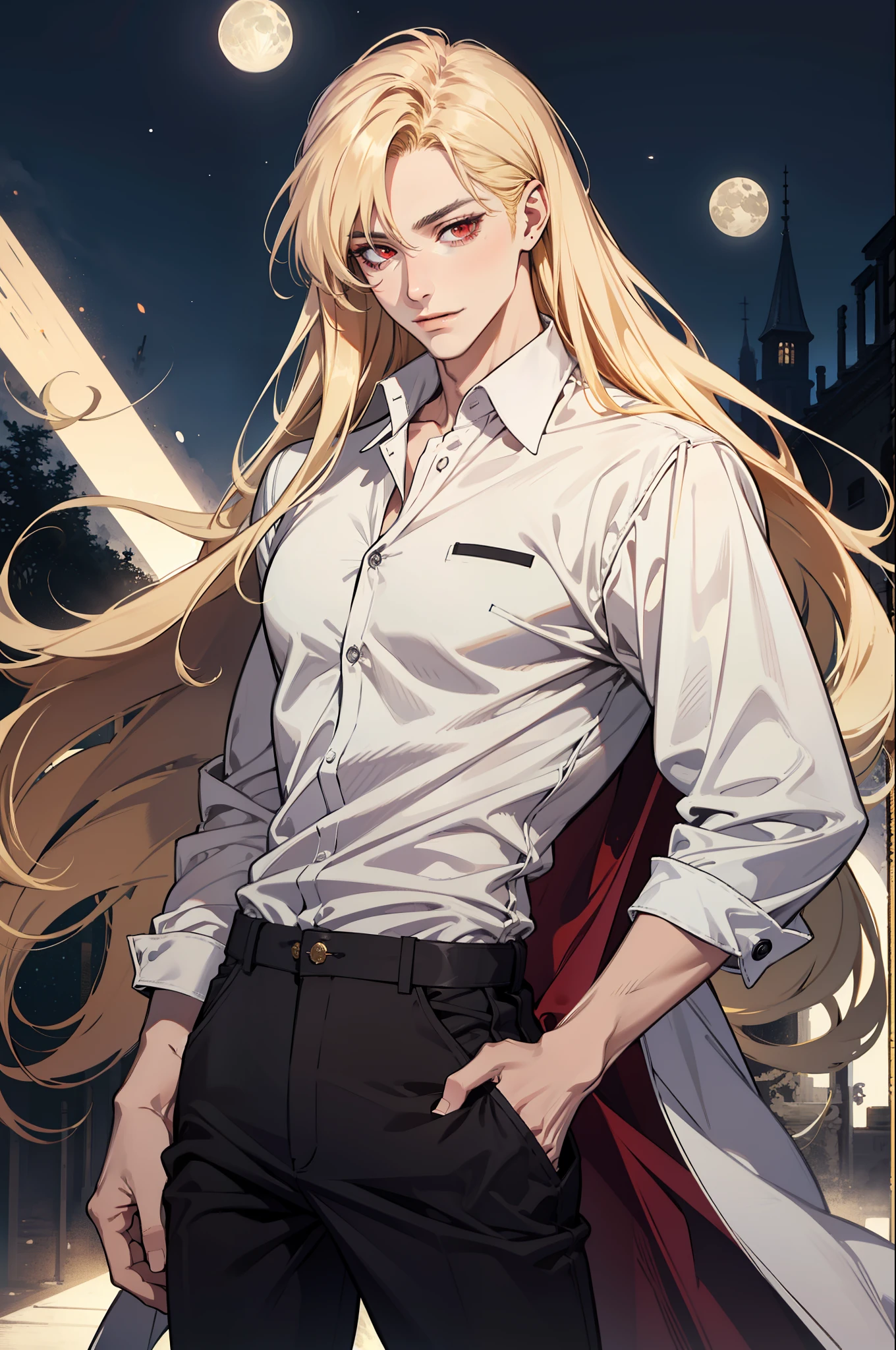 (absurdres, highres, ultra detailed), 1man, 30 years old man, adult man, handsome, tall,, finely detailed eyes and detailed face, leather pants, (((white shirt))), night, smile, dutch angle, ((long hair, blonde hair)), moon, gold details, gothic, vampire, vampire prince, dark, simple clothes, looking at the view, pale skin, red detailed eyes, (masculine), sexy, elegant, long bangs, detailed hands, (((red eyes)))