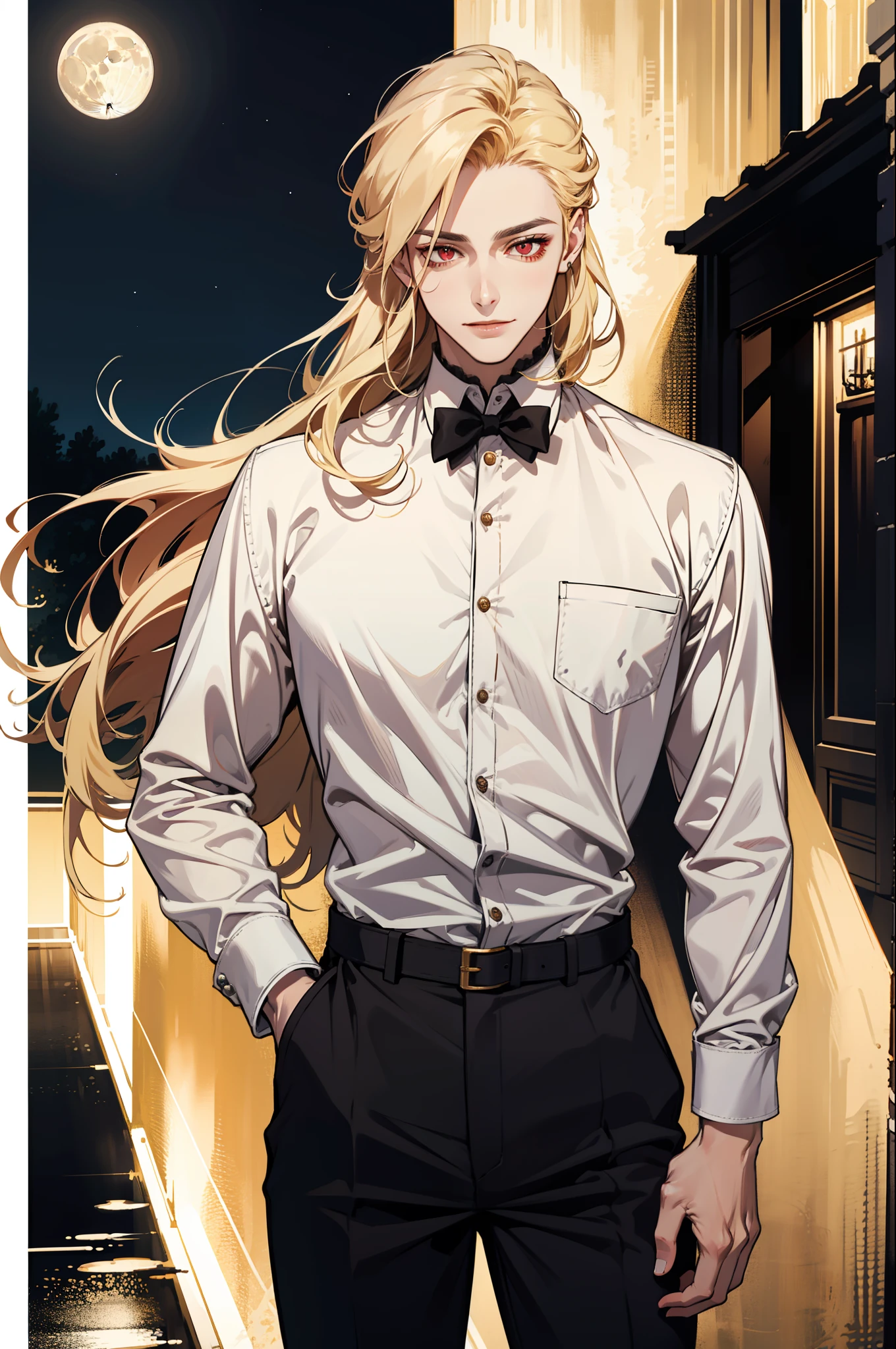 (absurdres, highres, ultra detailed), 1man, 30 years old man, adult man, handsome, tall,, finely detailed eyes and detailed face, leather pants, (((white shirt))), night, smile, dutch angle, ((long hair, blonde hair)), moon, gold details, gothic, vampire, vampire prince, dark, simple clothes, looking at the view, pale skin, red detailed eyes, (masculine), sexy, elegant, long bangs, detailed hands, (((red eyes)))