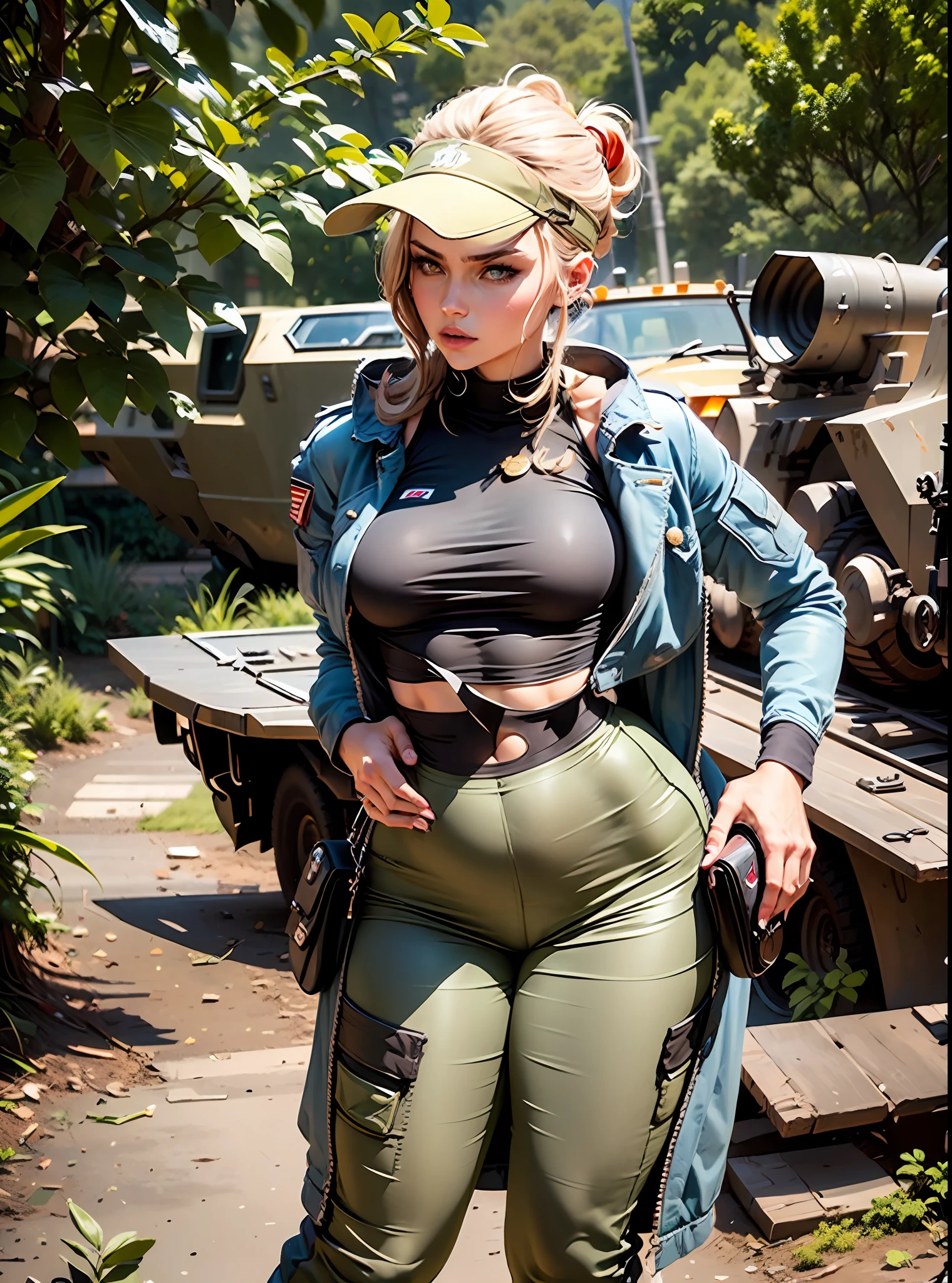 A fit and toned female model with an hourglass figure wearing a trendy crop top that accentuates her large breasts. She is positioned in a strong and powerful military stance, with her head up and her eyes focused.