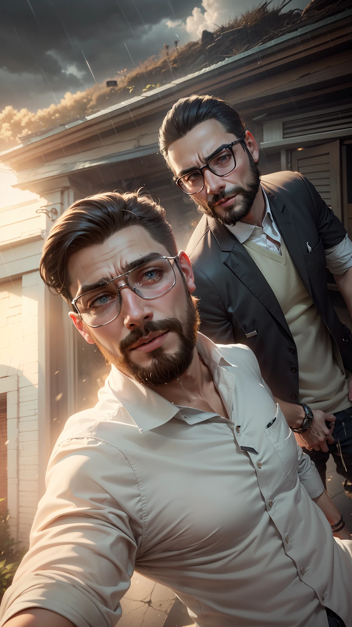 Realistic faces ,don't change any face, realistic image, cinematic, change background rain, stylish hair, stylish beard, handsome boys