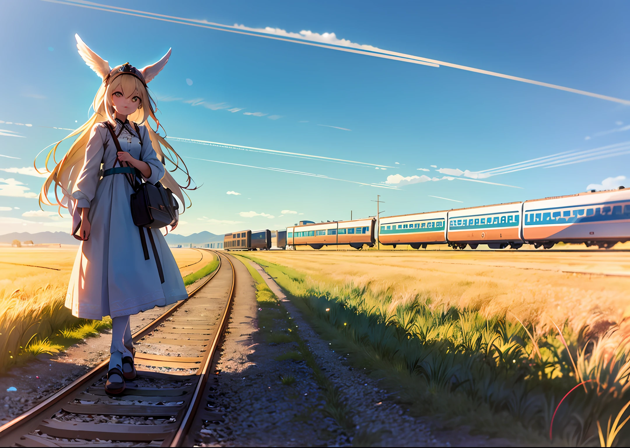 A girl walks on the railroad tracks, with the blue sky behind her, a field of wheat, and a train passing by. The girl is wearing a white traditional costume, with one hand shielding the sun and the other extended, holding a perched bird in her hand. Her hair dances in the wind.