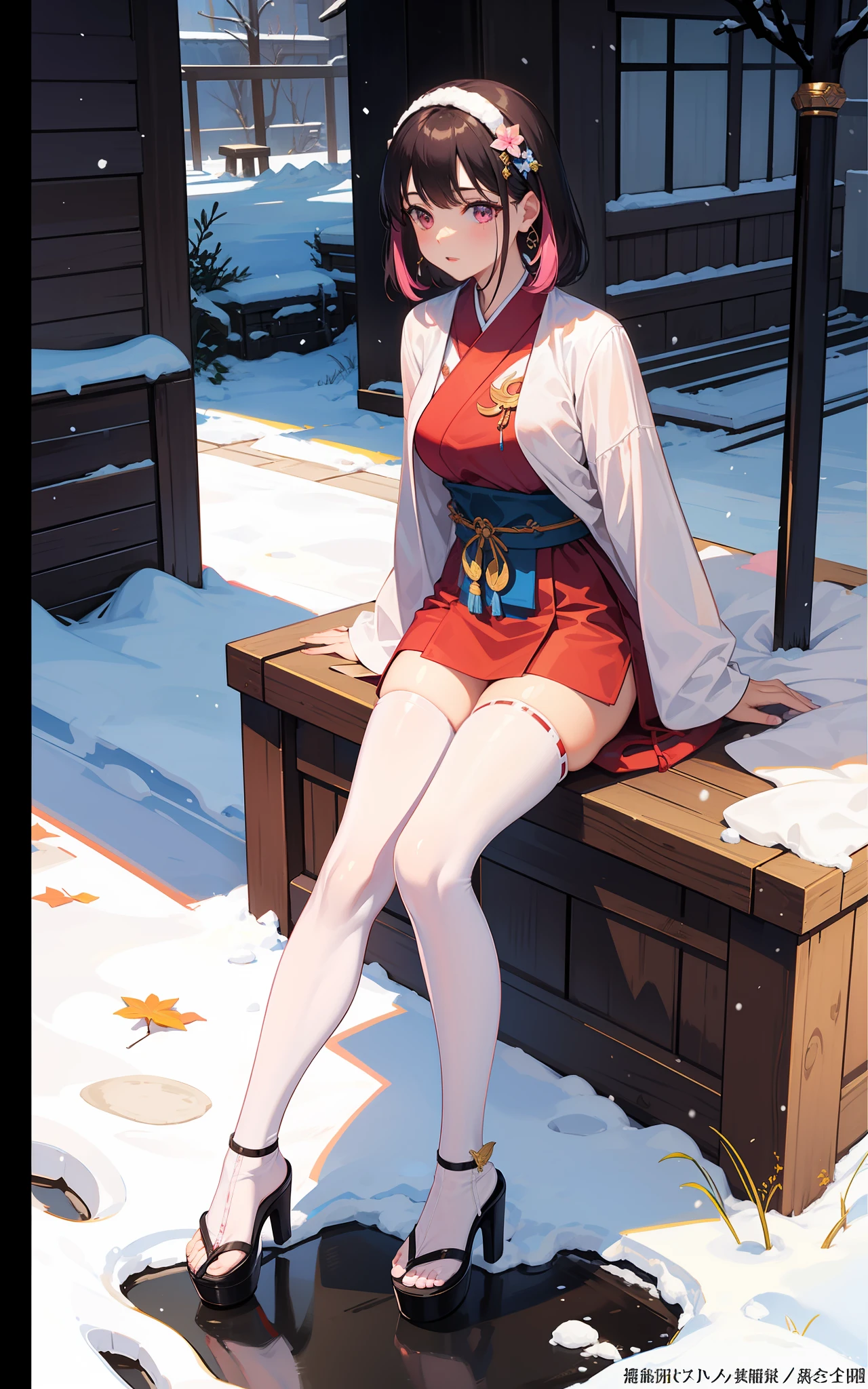 the original god,yae miko,komono,high-heels,clogs,Snow-white long legs,Charming,Pink Long Hair,white stockings,Pink eyes,opulent,A queen,Busts are plump and bare