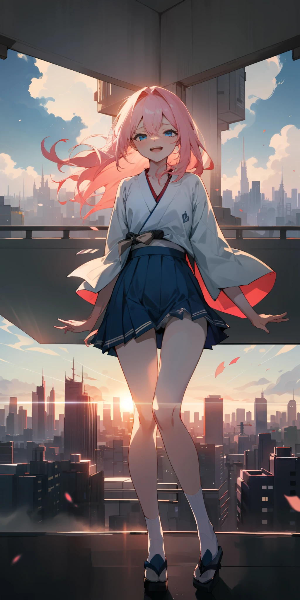 Official fine art,tmasterpiece,Sharp focus,(Beautiful gorgeous and cute Japanese woman:1.3),(Beautiful and lovely Japanese:1.3),japanese beautiful woman,Delicate and beautiful hair and eyes and face,Lifelike,ultra - detailed,Beautiful highschool girl ,No panties,Vaginal opening valgus,A blue sky,Glowing white particles,(side-lighting:1.2),rays of sunshine,White cloud,Detailed clouds,Slender,Cute buttocks,Toothy laughter,((Laugh and open your eyes)),scenecy,Long straight hair, sexy facial expression, buliding, (Cityscape:1.7), Dynamic hair, Long straight hair, Delicate platinum-pink hair, glow blue eyes, (blue pleated shirt+white skirt), Long white socks, Pale skin, hair adornments, epic landscapes,exposed,legs separated, Lateral breast exposure, Chest exposure, Scratches, Vaginal opening, exposed ,Scratches ,Vaginal opening, legs separated,Scratches,with no underpants,exposed,The vaginal opening is exposed,Vaginal opening valgus