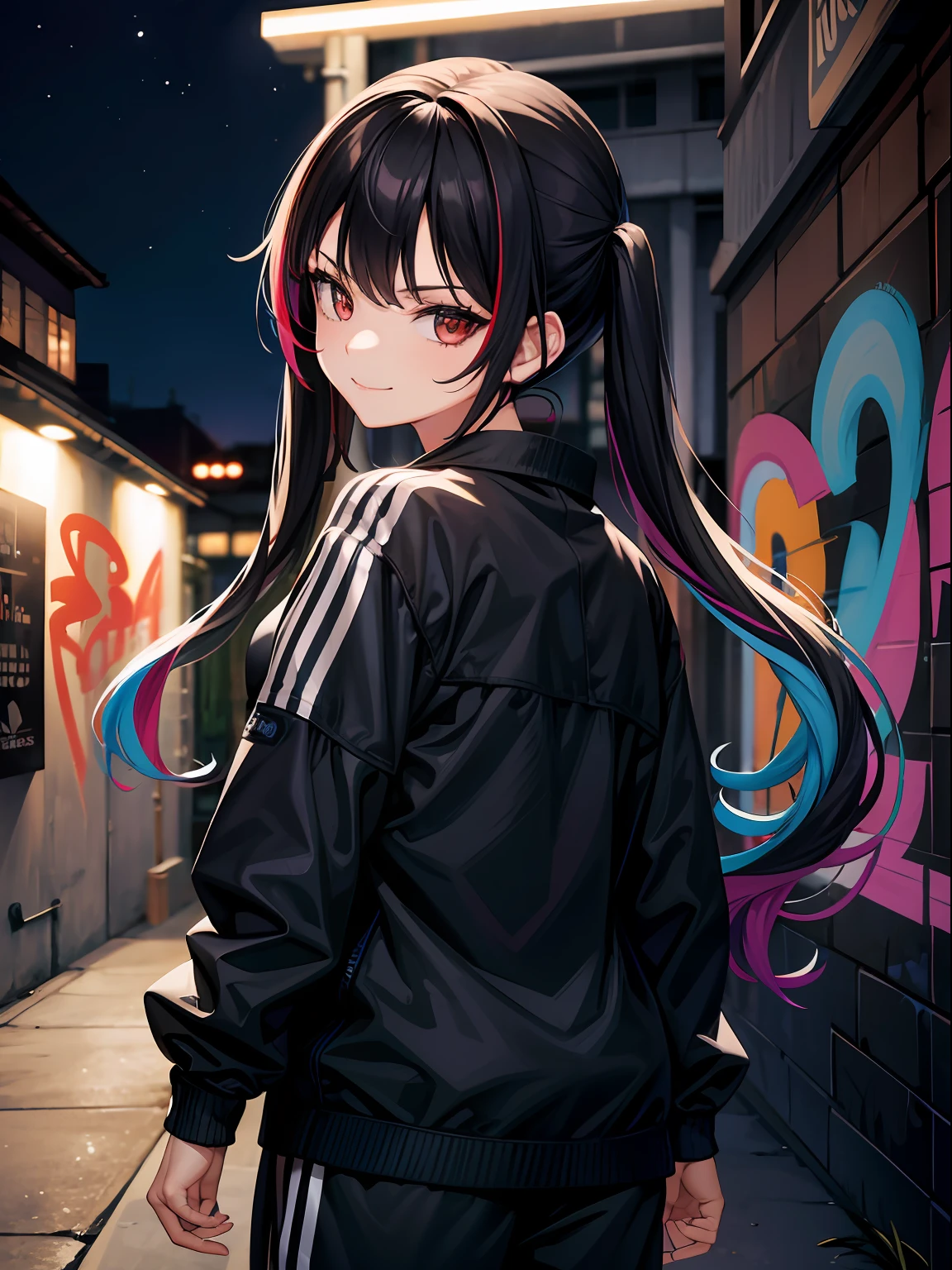 masterpiece, best quality, 1 mature female, smirk, twintails, multicolored hair, adidas tracking suit, looking at viewer, back against a wall, graffiti, side street, night, neonlights