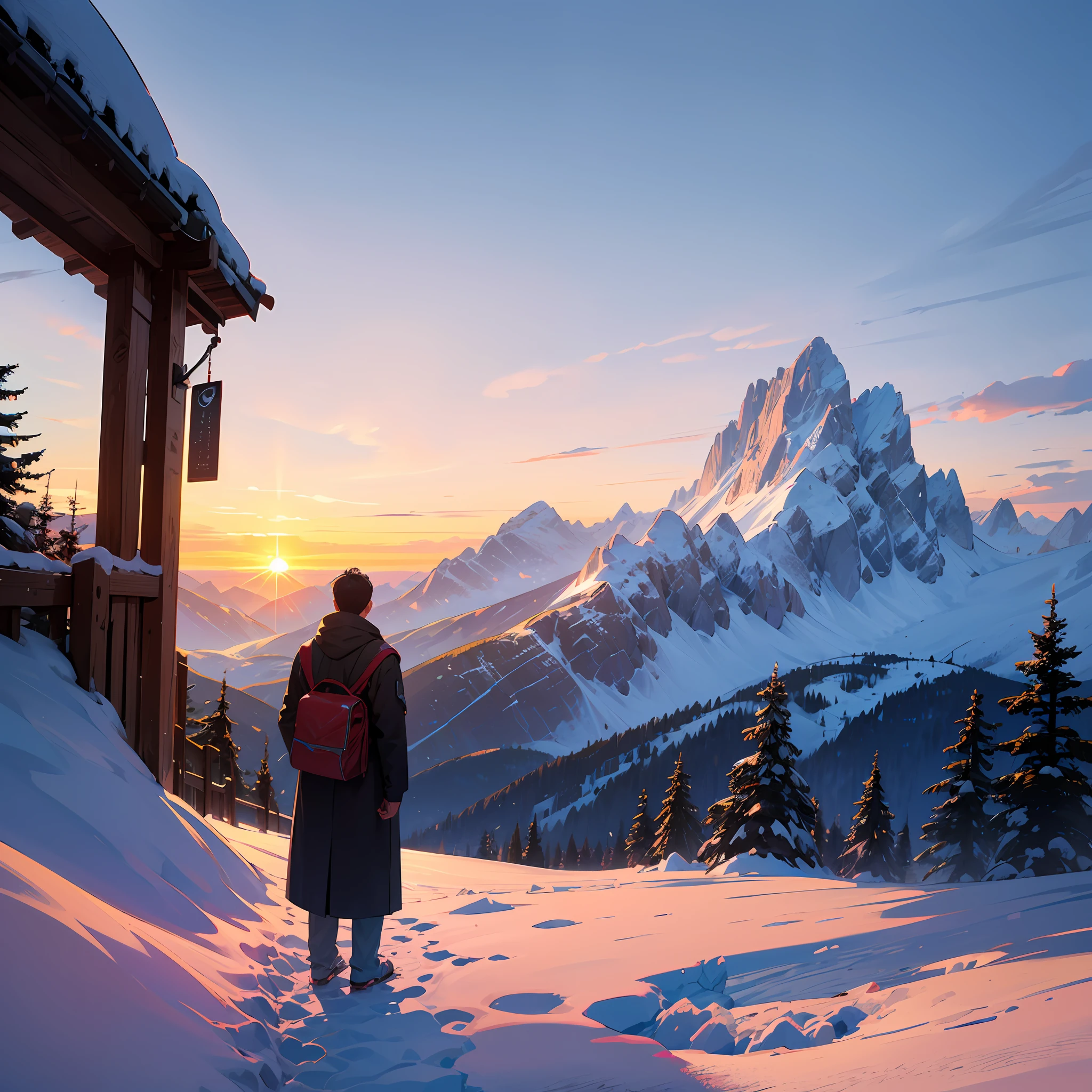 At sunrise, a young man stands on the top of a snowy mountain, looking into the distance, and ushering in the sunrise --auto