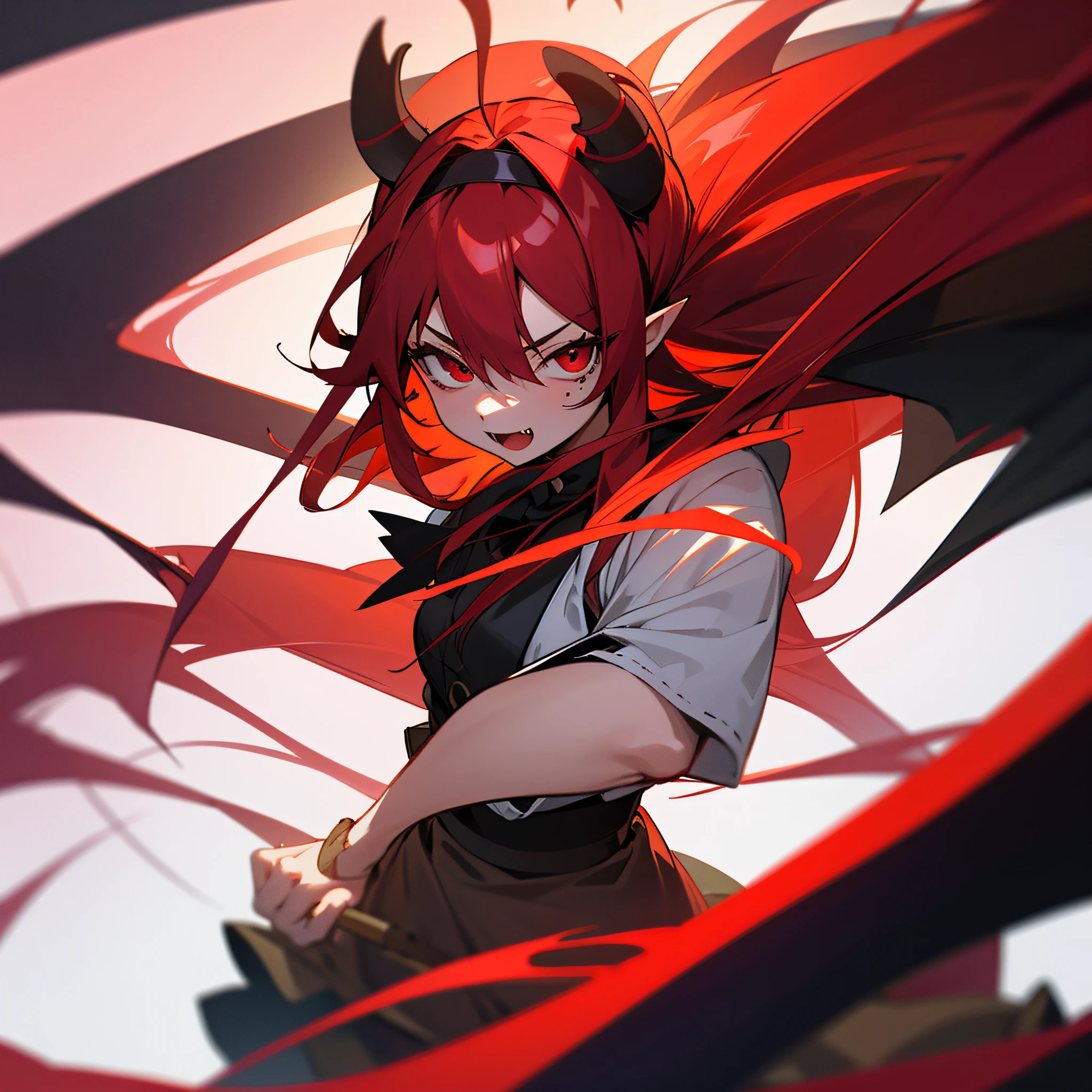fang, red hair, ahoge, hair spread out, very long hair, red hairband, mole under eye, red eyes, wide-eyed, pointy ears, Maid skirt, Dragon tail, Dragon's horn, fang out, naughty, drop shadow, anaglyph, stereogram, tachi-e, pov, atmospheric perspective, anime, chiaroscuro, 8k, super detail, ccurate, best quality, UHD, 4K --auto