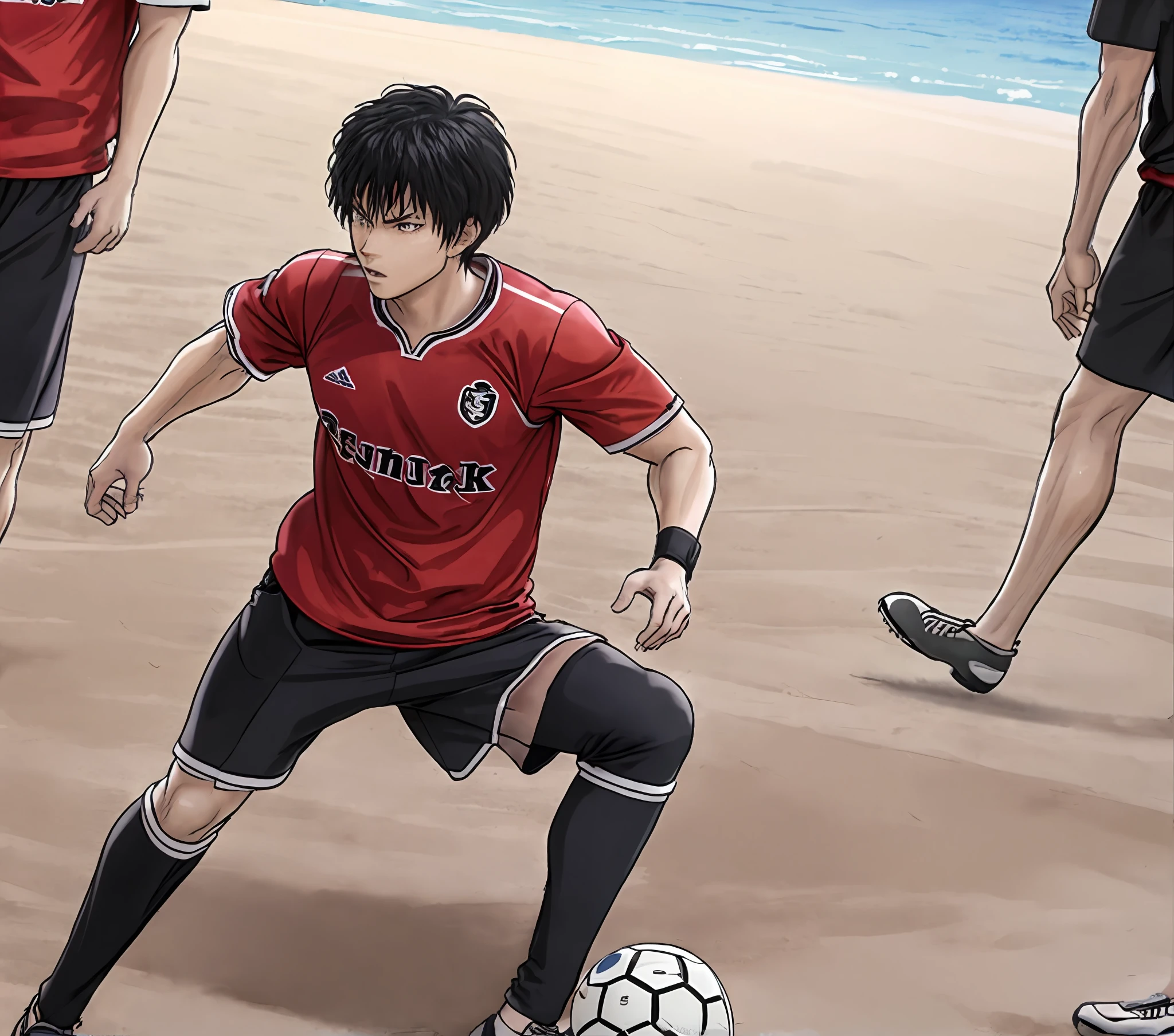 mastepiece,best quality,1boy,beach,solo,short hair, black hair, playing soccer,kick ball, shoot , soccer player