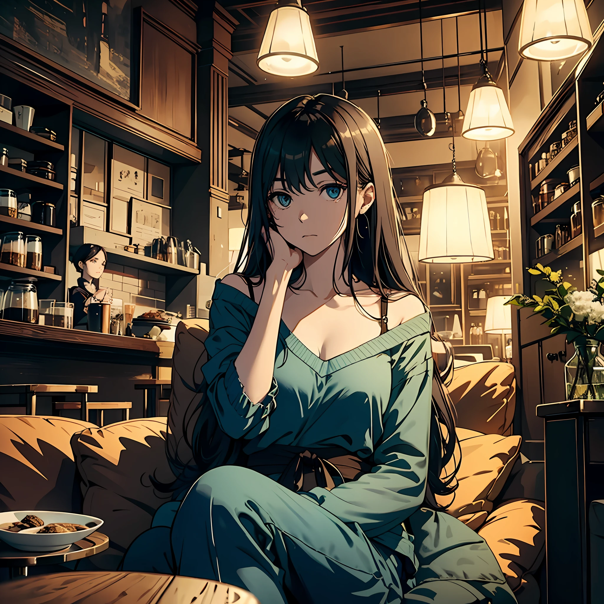 cafe shop,dim murky lights,On the couch sat a woman,sitting in the couch,The expression is arrogant,Contemptuous eyes