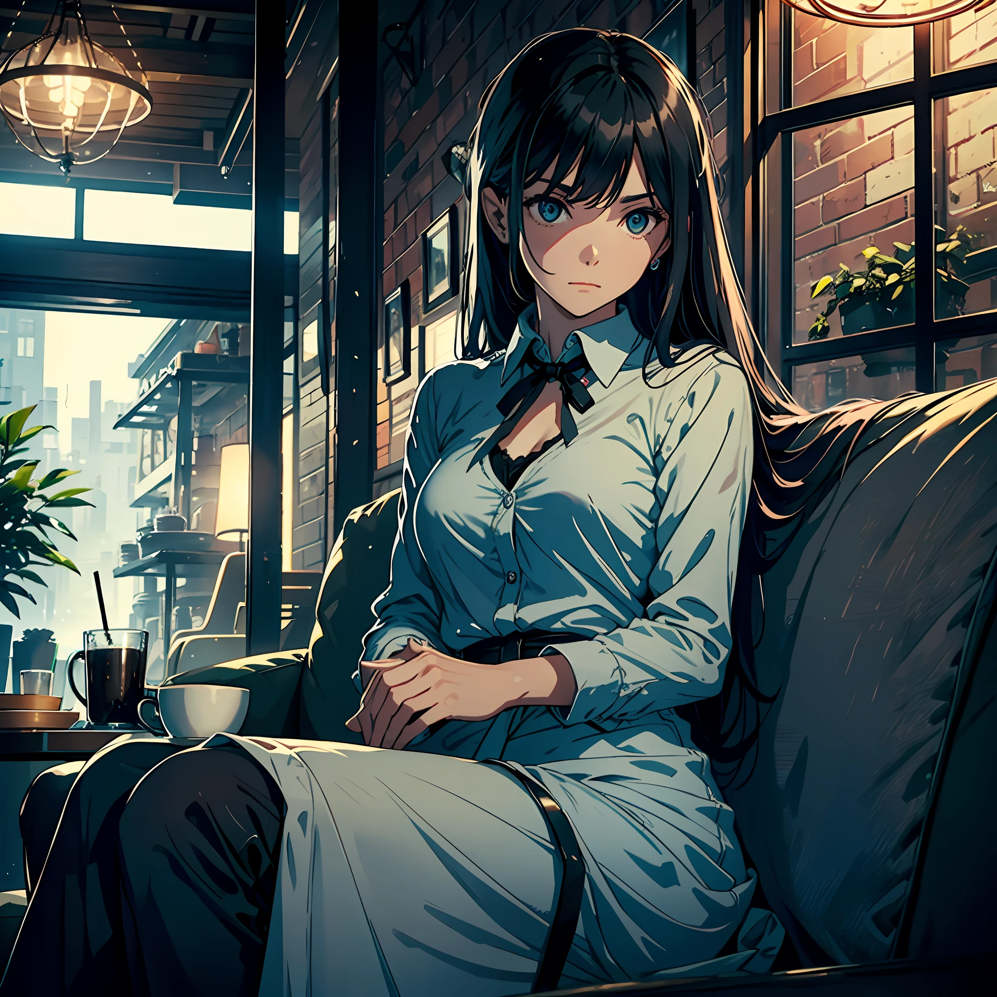 cafe shop，dim murky lights，On the couch sat a woman，sitting in the couch，The expression is arrogant，Contemptuous eyes