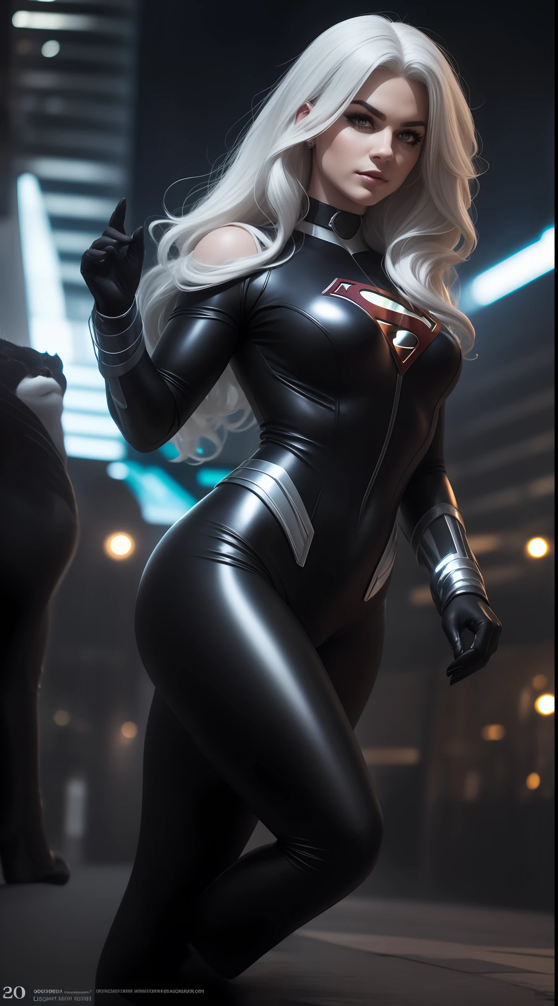 beautiful woman, White Hair, Supergirl and Black Cat fusion outfit(Black Cat Marvel), black and blue outfit, neckline, sexy, cover, rain, realistic, full body photo, prominent figure, photo (Masterpiece) (Best quality) (detail) (8K) (HD) (Wallpaper) (cinematic lightining) (Crisp focus) (Intricate), best quality, Ultra high resolution, photorealistic, full body portrait, incredibly beautiful,  dynamic poses, detailed skin texture, highly detailed skin, detailed face, beautiful legs, large breasts, powerful.