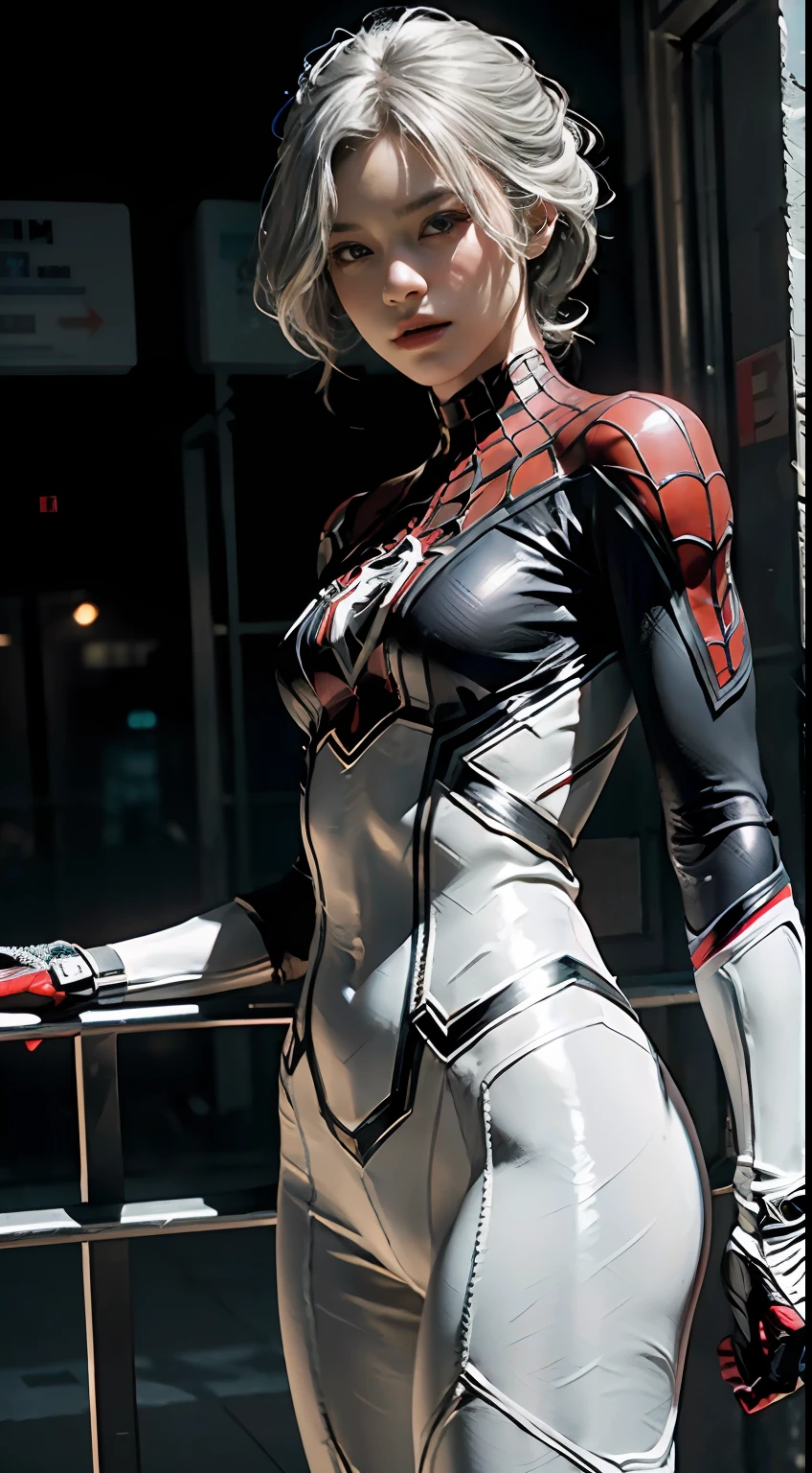 (CG Unity 8K wallpaper in extreme detail，tmasterpiece，Highest image quality)，(Delicate light and shadow，The picture is highly dramatic，Cinematic lens effect)，A girl in a white Spider-Man costume，Silver-gray hair color，From the Spider-Man parallel universe，Wenger，Marvel，Spidey，are standing，dynamicposes)，(Exceptional detail，The lighting effect is outstanding，Vista wide angle)，(Excellent rendering，Enough to stand out from the crowd)，The focus is on the white Spider-Man costume，Complex spider textures