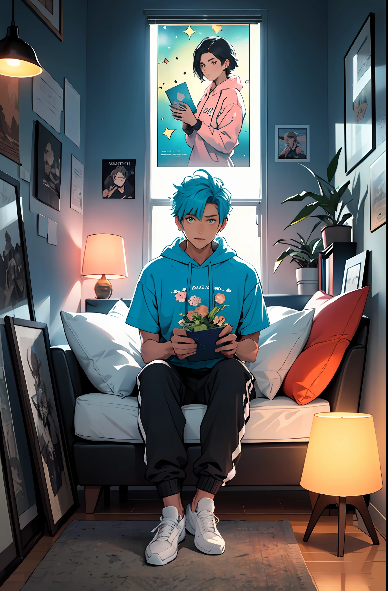 beste-Qualit, 1Woman, 独奏, hot, grown up, hair light, Cyan eyes, Short Hair Hair, piercing eyes, the perfect body, 25 years, Sexual, alluring, sitting, window, stained glass windows, View from the window, night city, neon lights, the panorama, a starry sky, galactic, motley, Full color, феерверк, Sofa, playful, living room, Cosy, cheery, posters, pillows, blankets, lava lamp, desk, chair, cozy atmosphere, bright colours, Soft pastels, Flowers, Plants, Books, novels, plushies, Statuettes, posters, Pictures, posters, wall scrolls, Stickers,  ornaments, bed, blankets, pillows, warm blankets, comfortable clothes, casual wear, leisure wear, hoody, sweatpants, briefs, tshirt, t shirt, ankle socks, curvy legs
