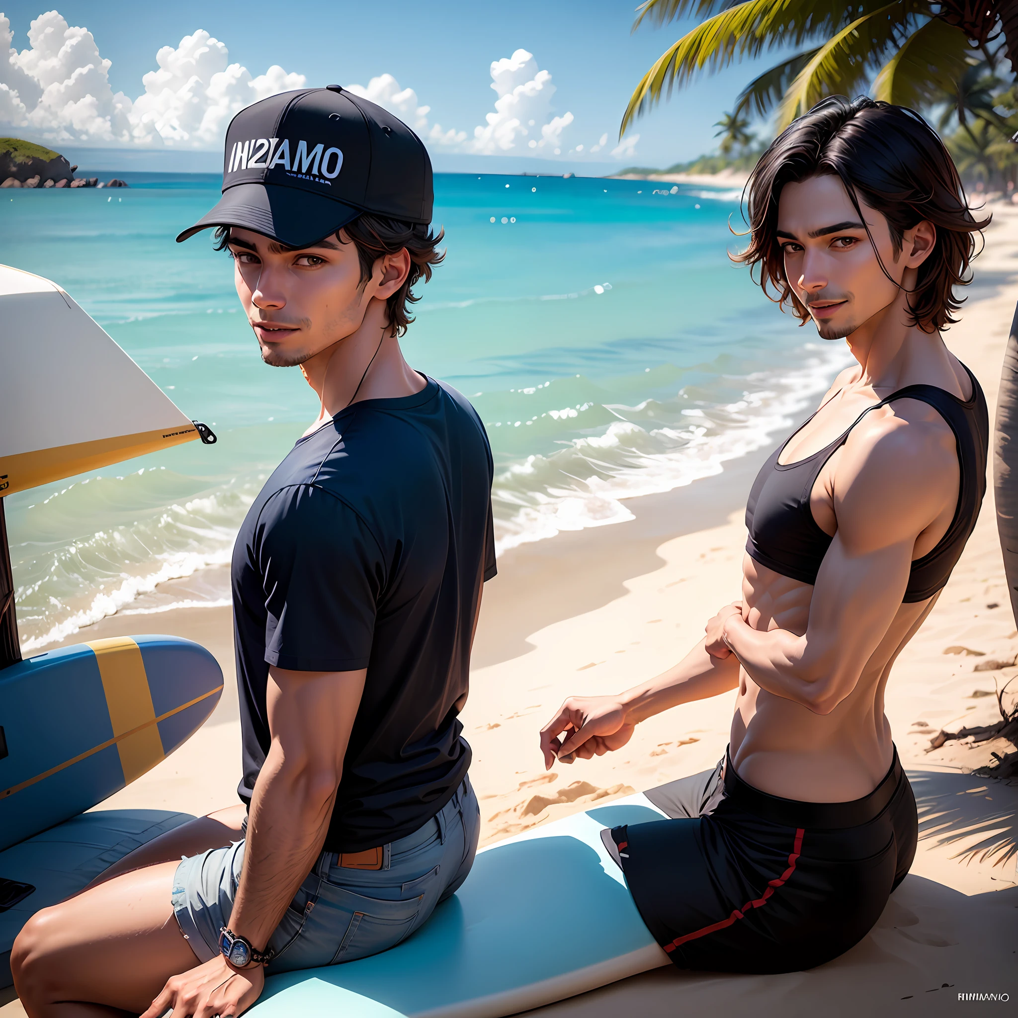 "Imagine Manuel Gomes in a paradisiacal setting, with a white sand beach and crystal clear waters in the background. He's wearing a navy blue T-shirt and a white rear-facing cap, com um sorriso radiante no rosto. Ao seu lado, He holds a surfboard with colorful prints and is about to catch a perfect wave. The sun shines brightly in the blue sky, iluminando o lugar e destacando ainda mais a alegria contagiante do Manuel. Os coqueiros ao redor oferecem uma leve sombra contrastando com o mar turquesa, making the scene even more exotic. This image perfectly captures the adventurous and relaxed personality of Manuel Gomes." --auto