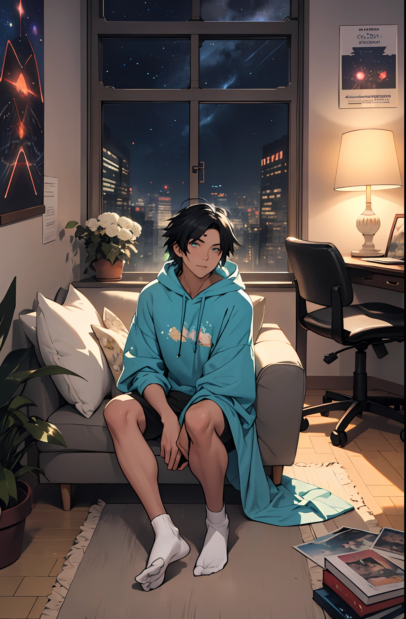 beste-Qualit, 1Woman, 独奏, hot, grown up, hair light, Cyan eyes, Short Hair Hair, piercing eyes, the perfect body, 25 years, Sexual, alluring, sitting, window, stained glass windows, View from the window, night city, neon lights, the panorama, a starry sky, galactic, motley, Full color, феерверк, Sofa, playful, living room, Cosy, cheery, posters, pillows, blankets, lava lamp, desk, chair, cozy atmosphere, bright colours, Soft pastels, Flowers, Plants, Books, novels, plushies, Statuettes, posters, Pictures, posters, wall scrolls, Stickers, ornaments, bed, blankets, pillows, warm blankets, comfortable clothes, casual wear, leisure wear, hoody, sweatpants, briefs, tshirt, t shirt, ankle socks, curvy legs