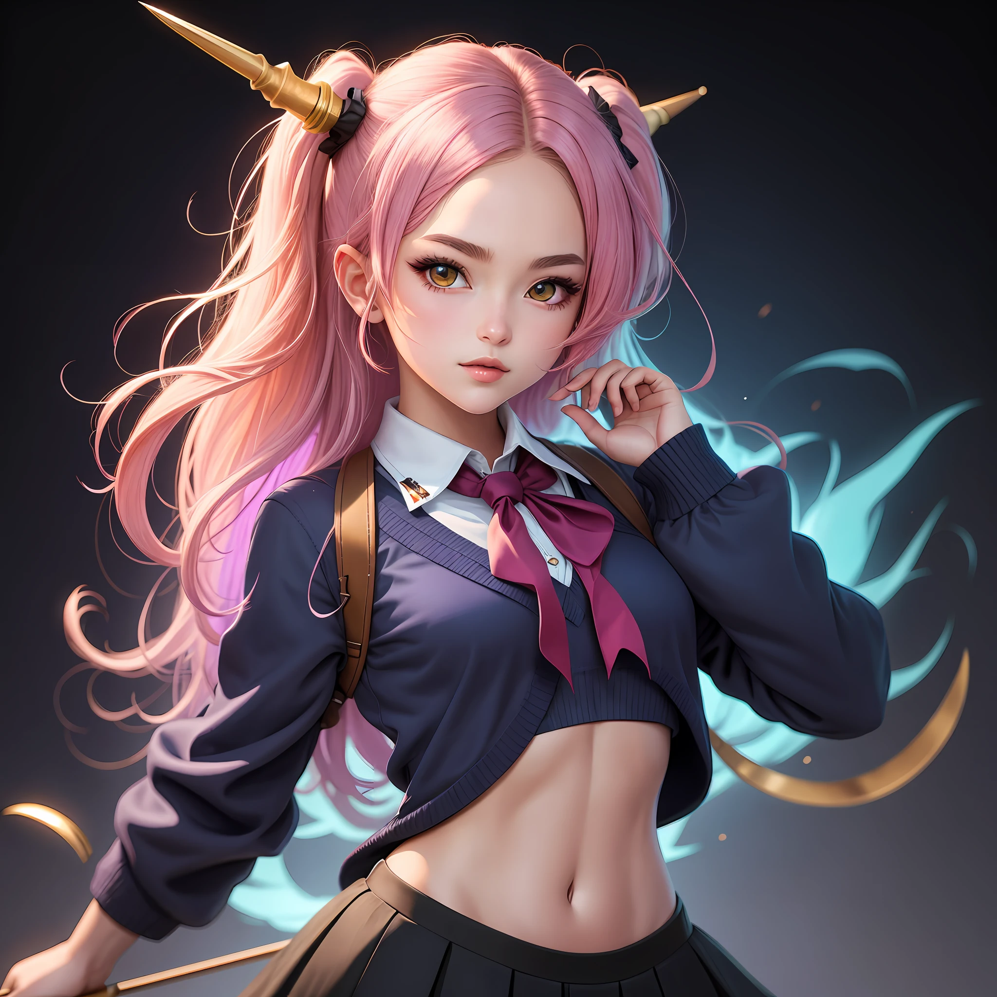 An ultra-detailed half-body illustration of a schoolgirl character with Sagittarius zodiac inspired features. The character should be set against a black background, and all details should revolve around Sagittarius zodiac themes.