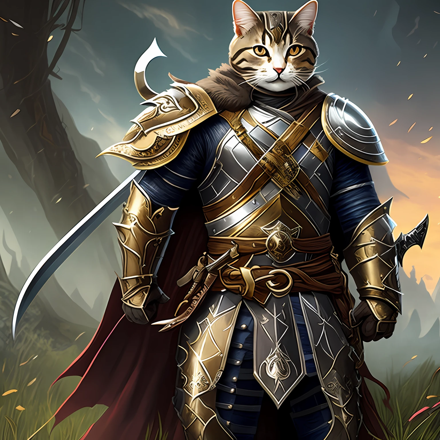 A cat in armor with a sword in the world of games and fantasy --auto