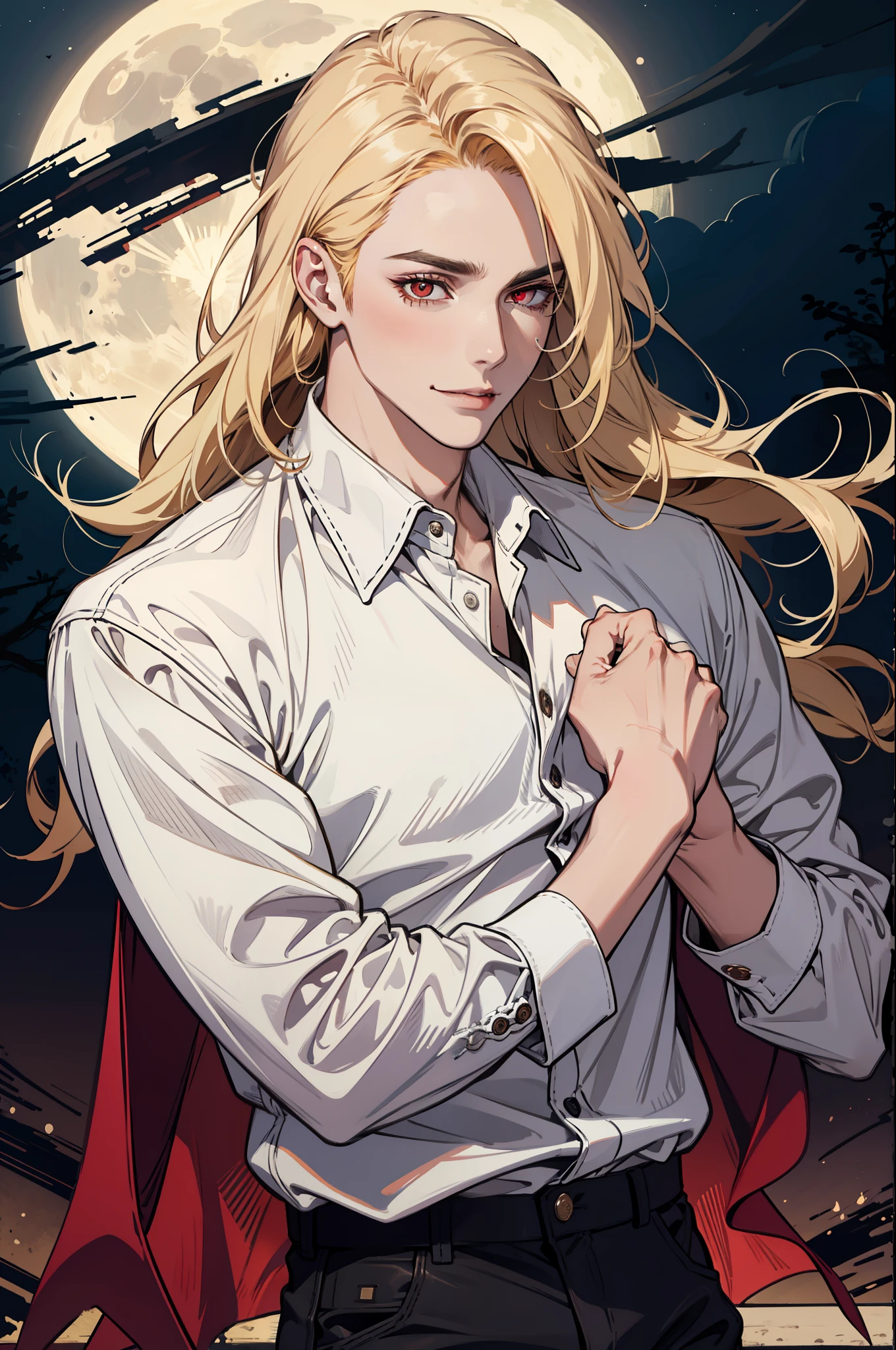 (absurdres, highres, ultra detailed), 1man, 30 years old man, adult man, handsome, tall,, finely detailed eyes and detailed face, leather pants, (((white shirt))), night, smile, dutch angle, ((long hair, blonde hair)), moon, gold details, gothic, vampire, vampire prince, dark, simple clothes, looking at the view, pale skin, red detailed eyes, (masculine), sexy, elegant, long bangs, detailed hands, (((red eyes)))